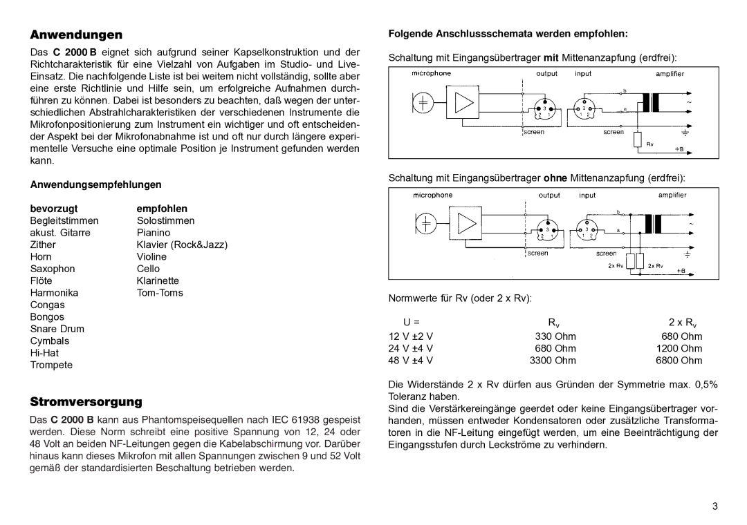 AKG Acoustics C2000B manual Anwendungen, Stromversorgung, Anwendungsempfehlungen Bevorzugt Empfohlen 