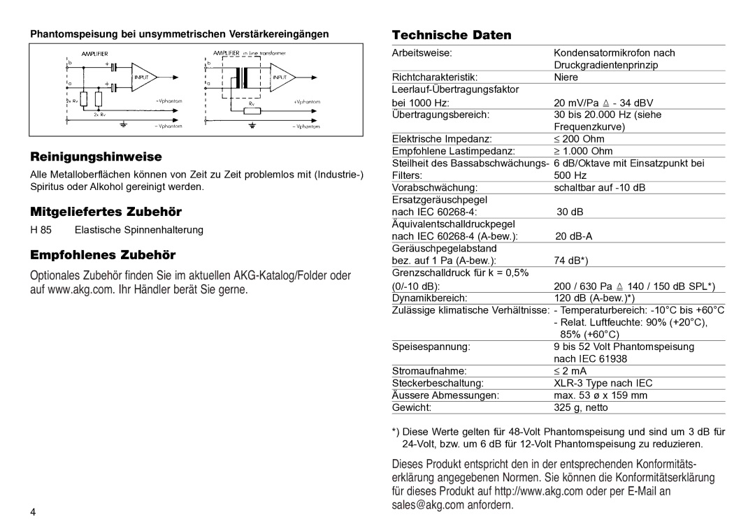 AKG Acoustics C2000B manual Reinigungshinweise, Mitgeliefertes Zubehör, Empfohlenes Zubehör, Technische Daten 