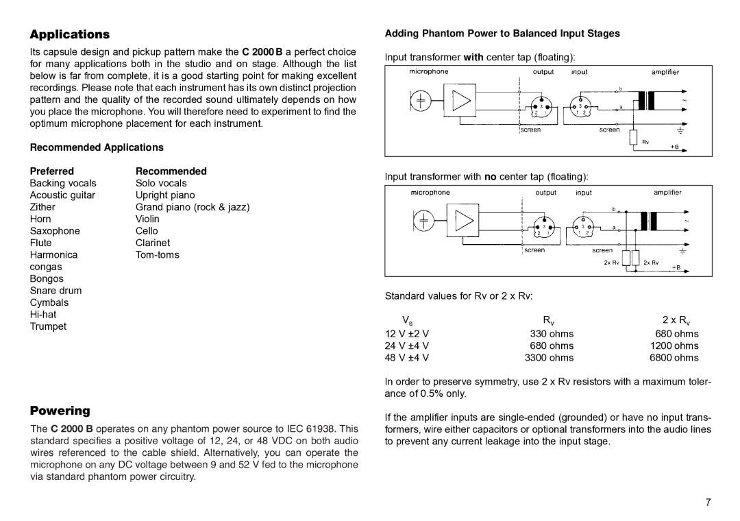 AKG Acoustics C2000B manual Powering, Recommended Applications Preferred, Adding Phantom Power to Balanced Input Stages 