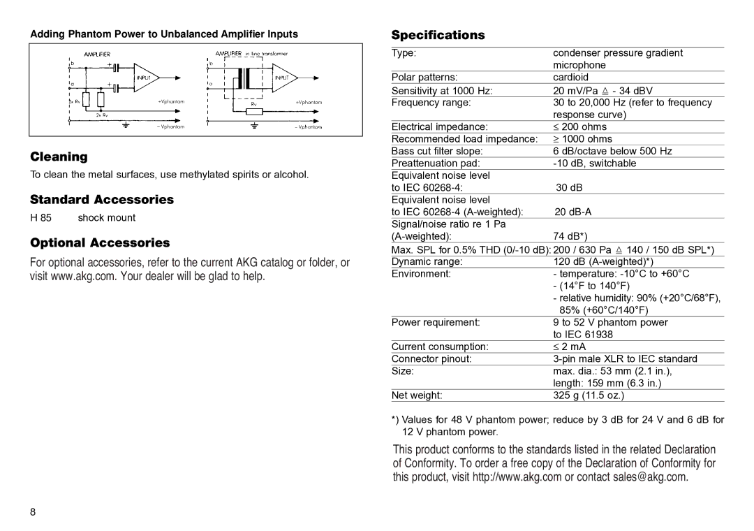 AKG Acoustics C2000B manual Cleaning, Standard Accessories, Optional Accessories, Specifications 