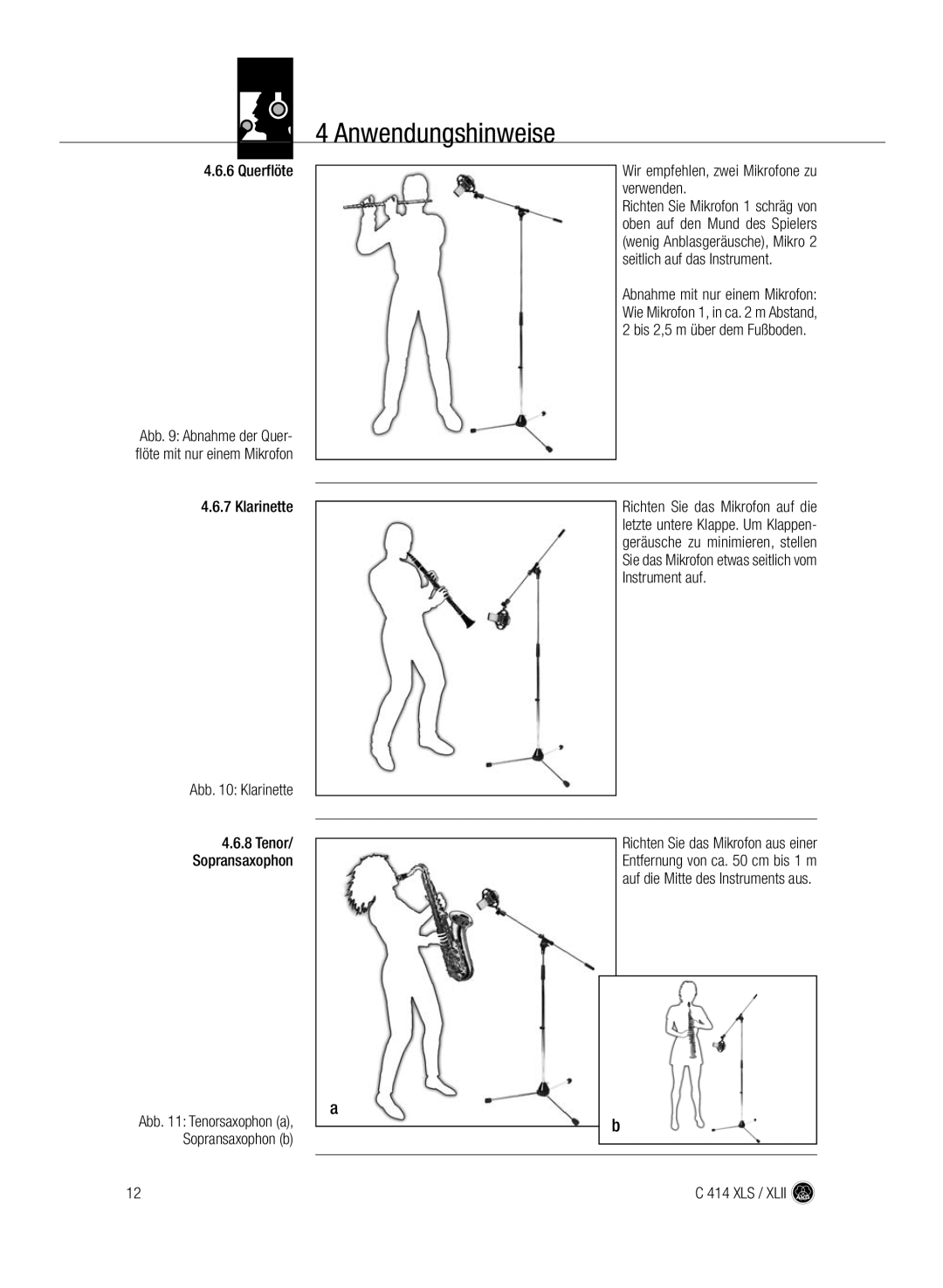 AKG Acoustics C414 XLS, C414 XLII manual Querflöte, Klarinette Abb Klarinette Tenor Sopransaxophon 