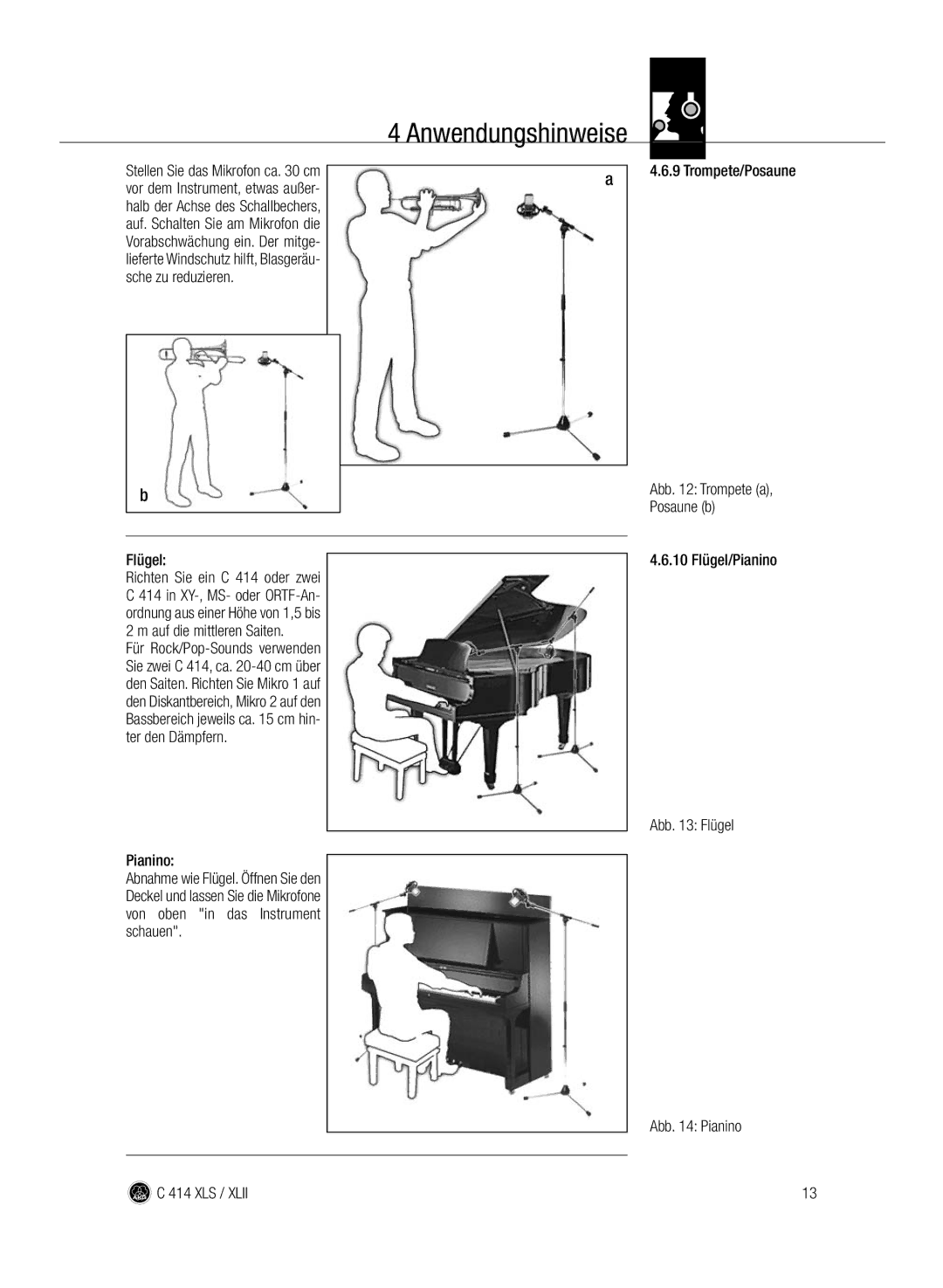 AKG Acoustics C414 XLII, C414 XLS manual Sche zu reduzieren Flügel Richten Sie ein C 414 oder zwei, Pianino 