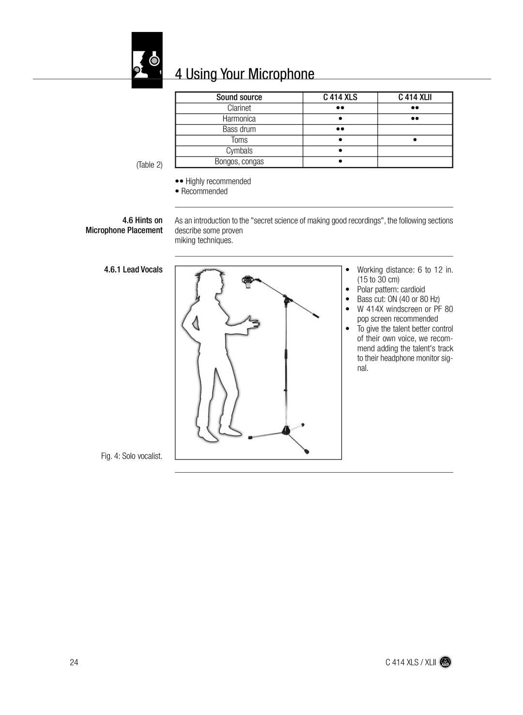 AKG Acoustics C414 XLS, C414 XLII manual Sound source 414 XLS Xlii, Highly recommended Recommended, Lead Vocals 