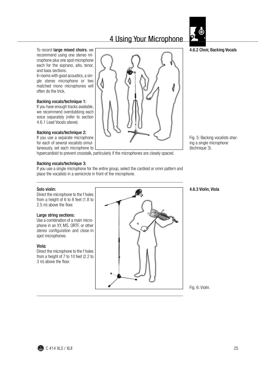 AKG Acoustics C414 XLII, C414 XLS manual Backing vocals/technique, Solo violin, Large string sections, Violin, Viola 