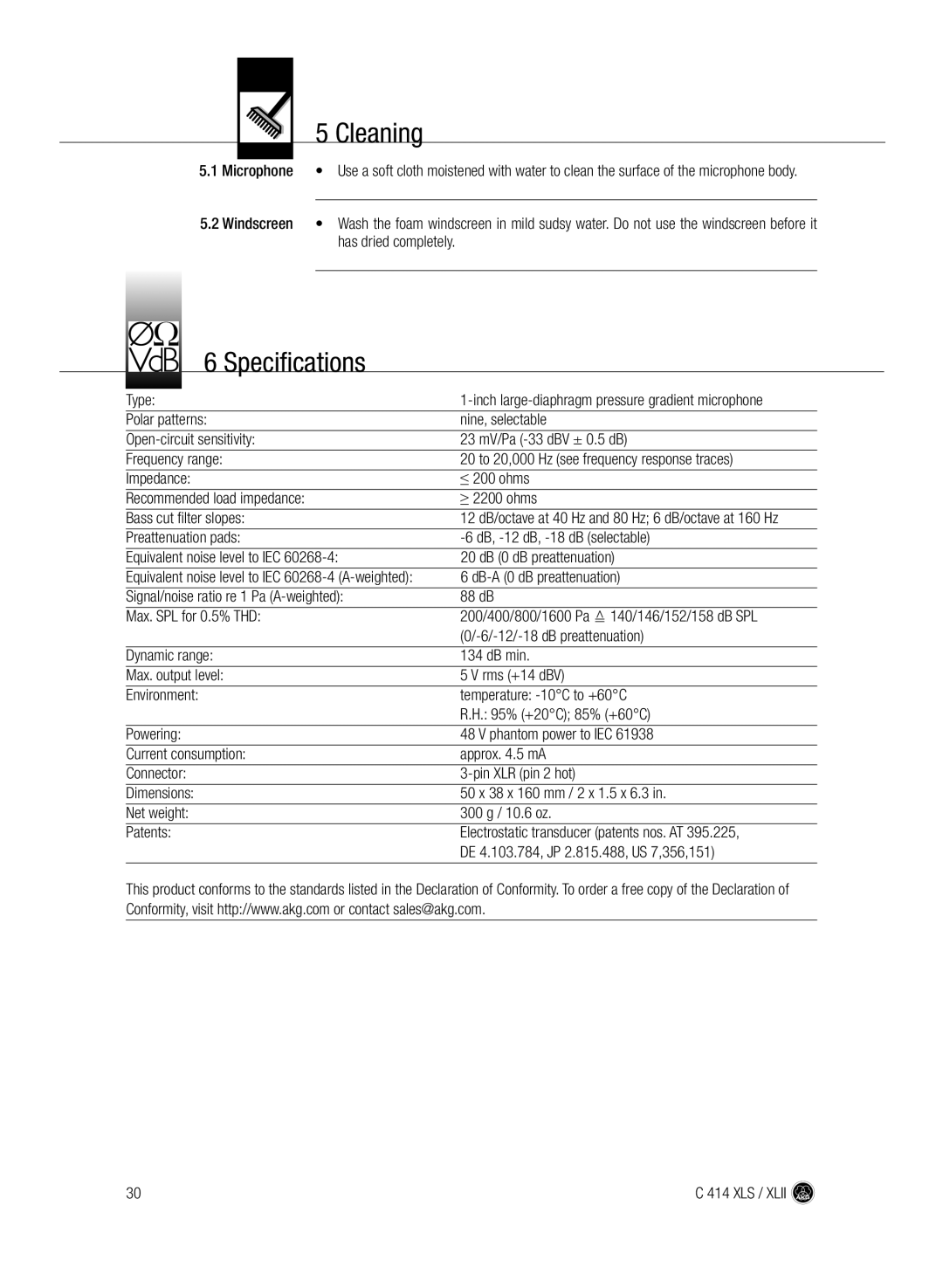 AKG Acoustics C414 XLS, C414 XLII manual Cleaning, Specifications 