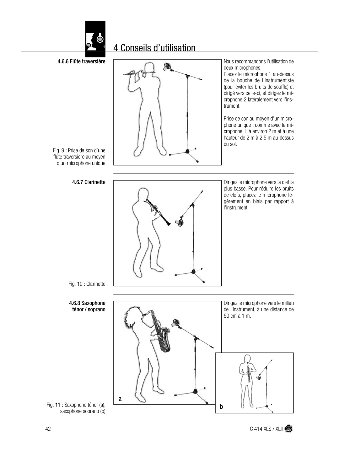 AKG Acoustics C414 XLS, C414 XLII 6 Flûte traversière, Clarinette, Nous recommandons l’utilisation de deux microphones 