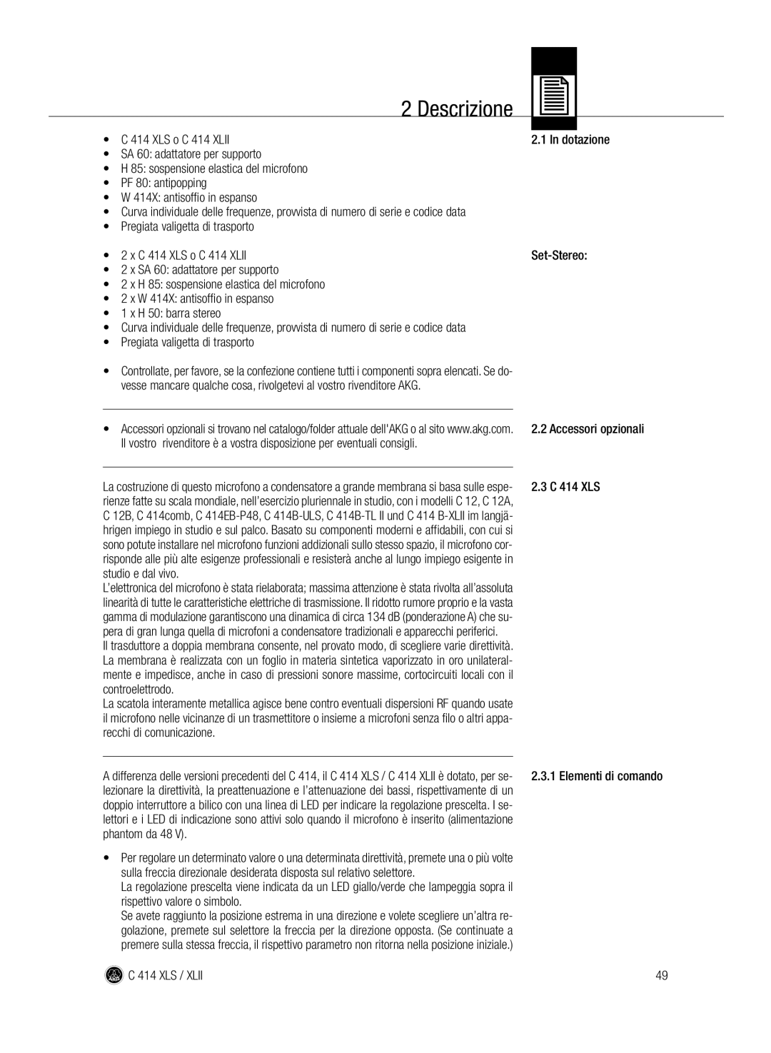 AKG Acoustics C414 XLII, C414 XLS manual Descrizione 