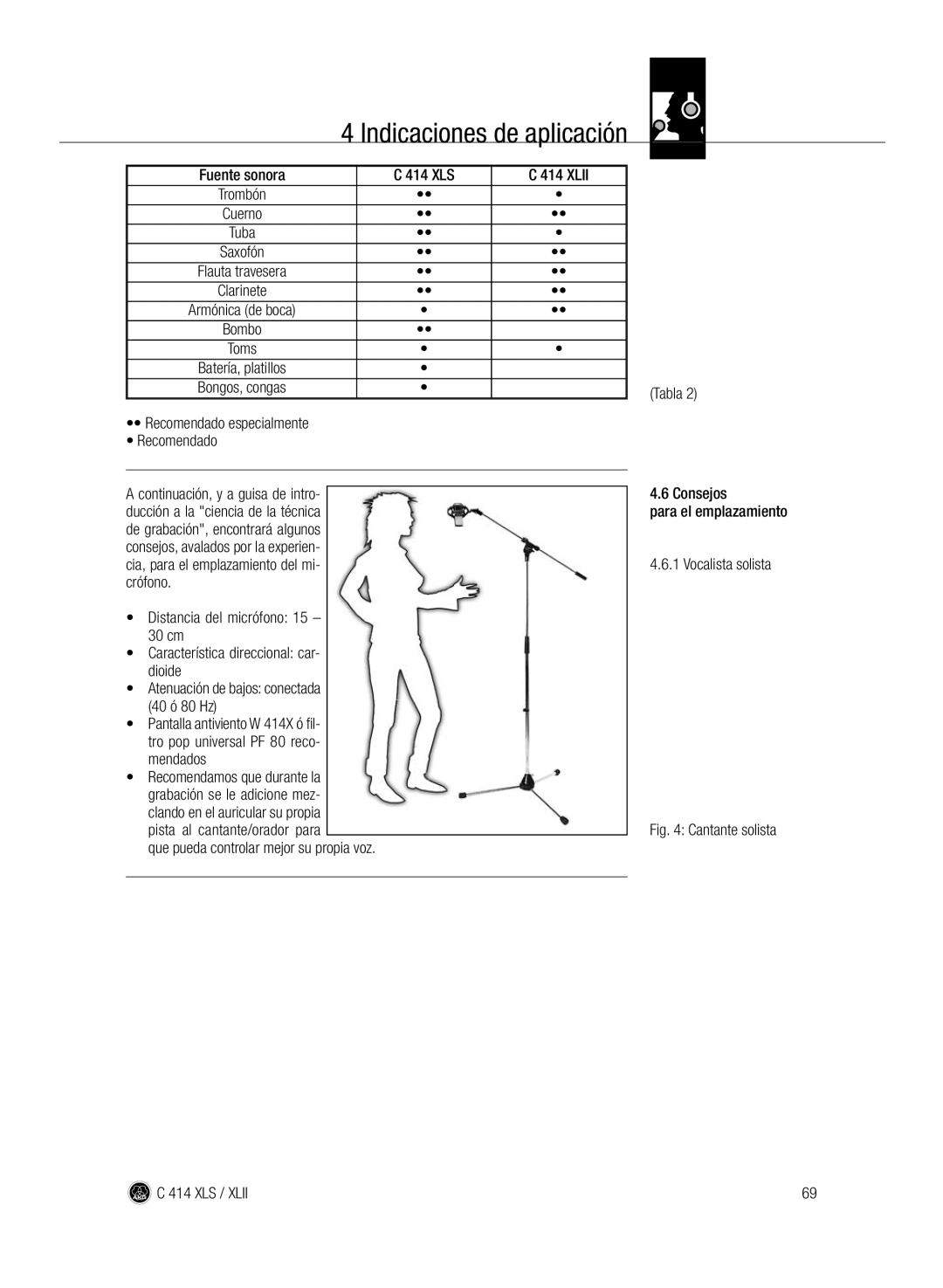 AKG Acoustics C414 XLII, C414 XLS manual Fuente sonora 414 XLS Xlii, Recomendado especialmente Tabla 
