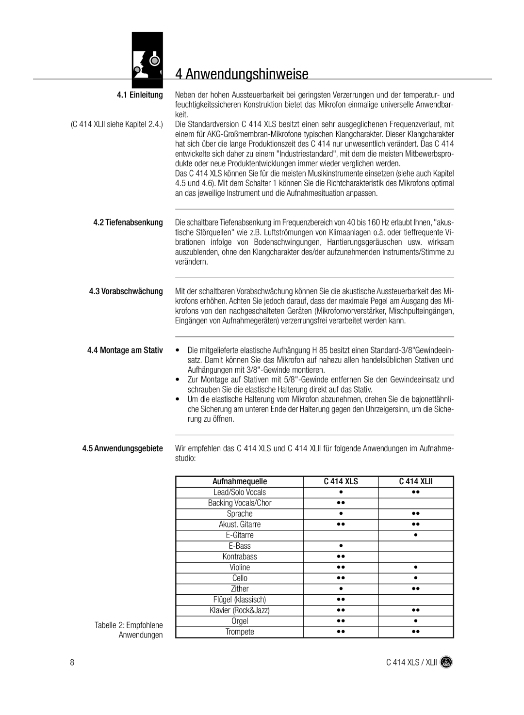 AKG Acoustics C414 XLS, C414 XLII manual Anwendungshinweise 