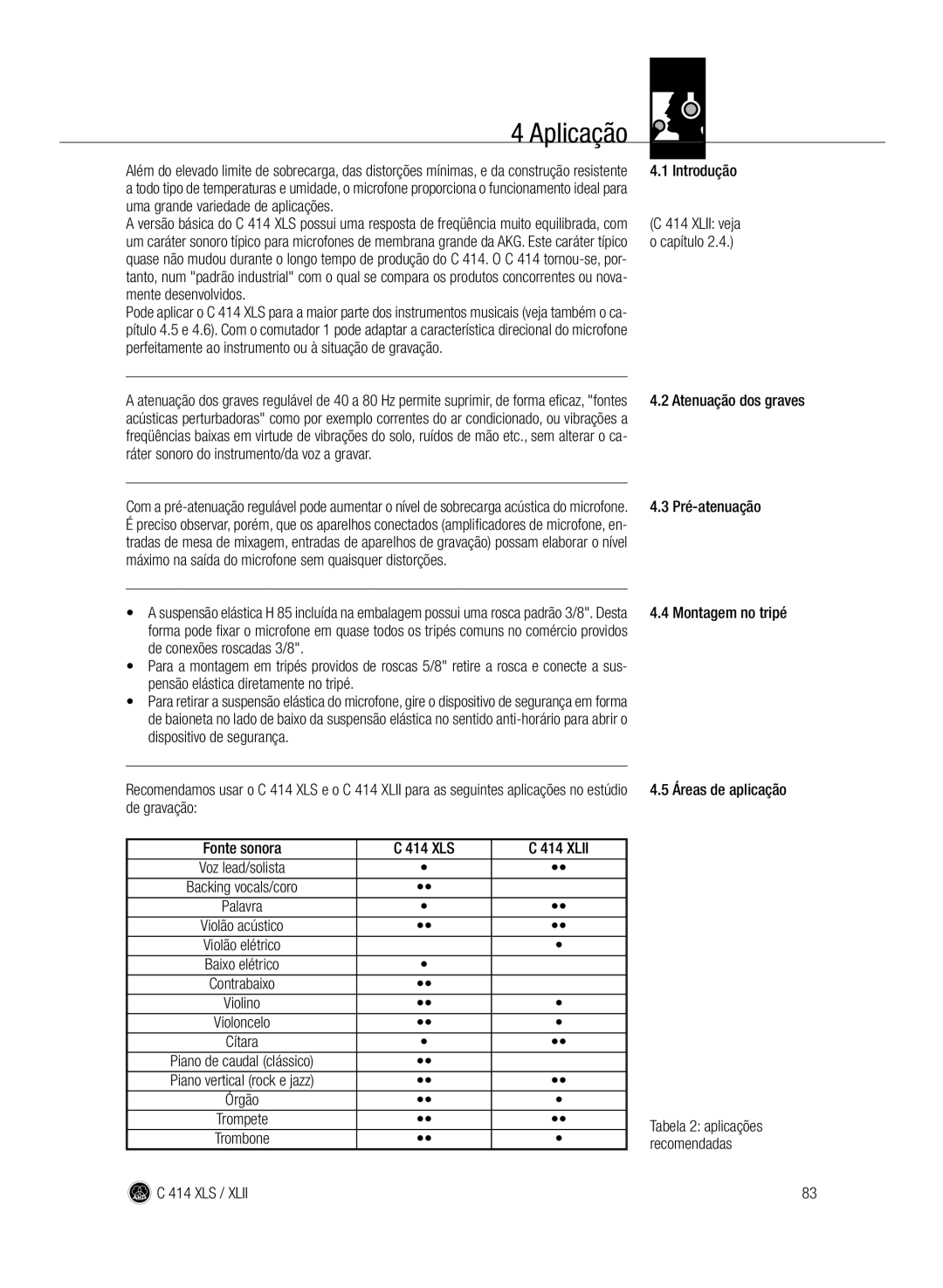 AKG Acoustics C414 XLII, C414 XLS Introdução, Uma grande variedade de aplicações, Xlii veja, Capítulo, Mente desenvolvidos 