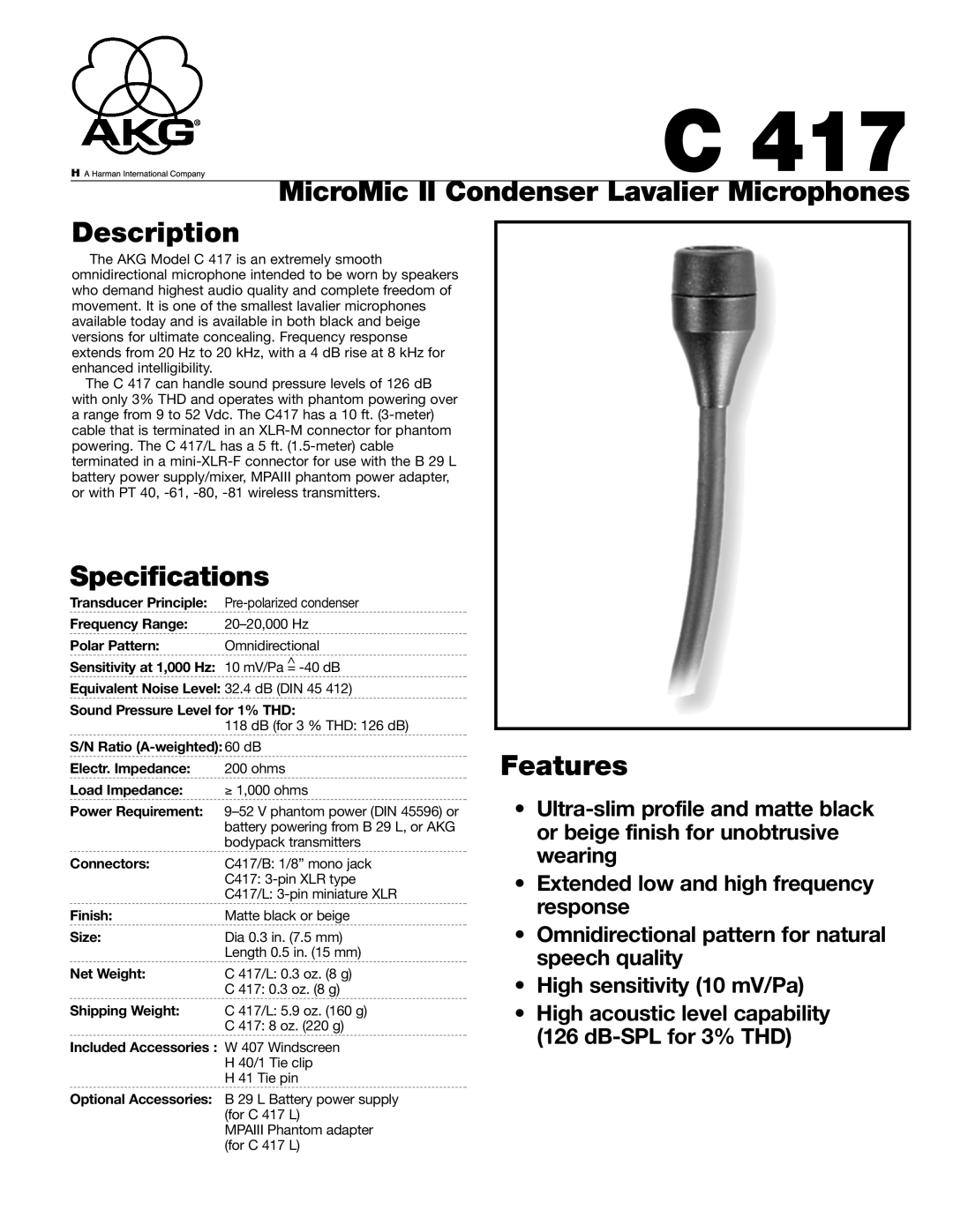 AKG Acoustics C4174055C specifications MicroMic II Condenser Lavalier Microphones Description, Specifications, Features 