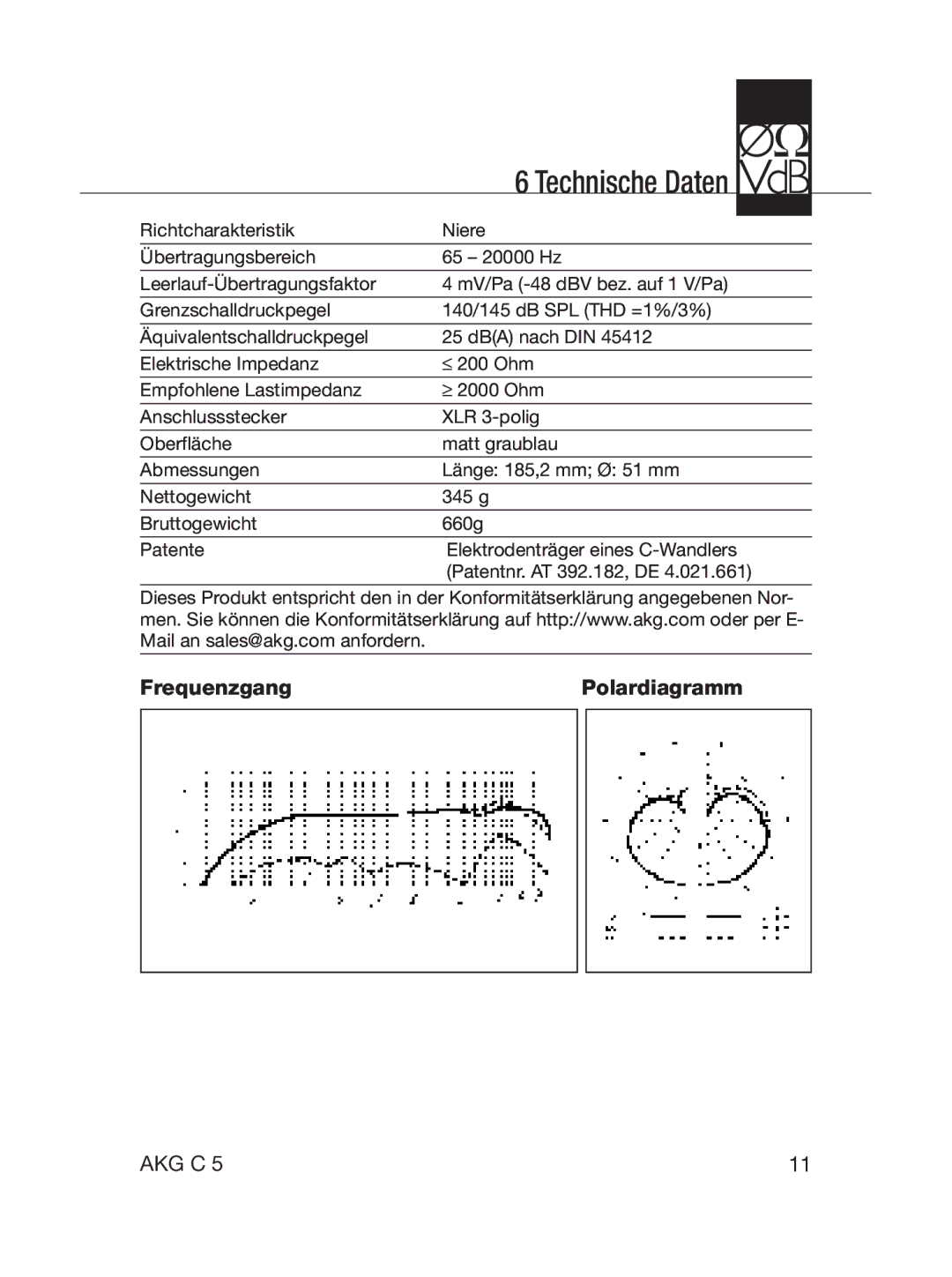 AKG Acoustics C5 manual Technische Daten, Frequenzgang 