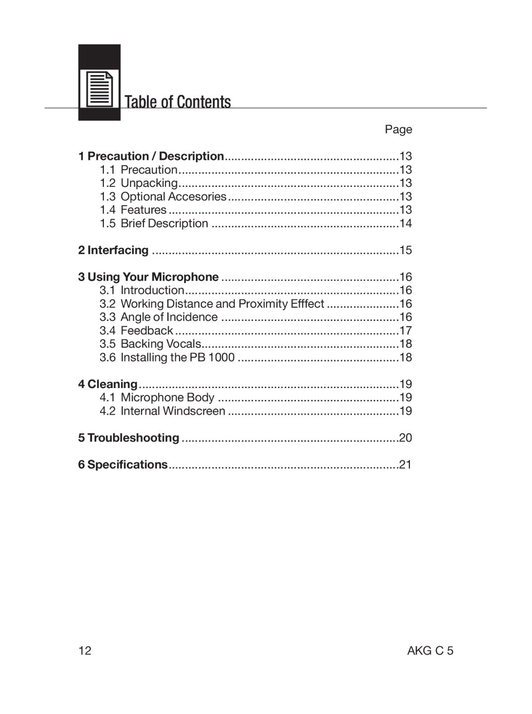 AKG Acoustics C5 manual Table of Contents 