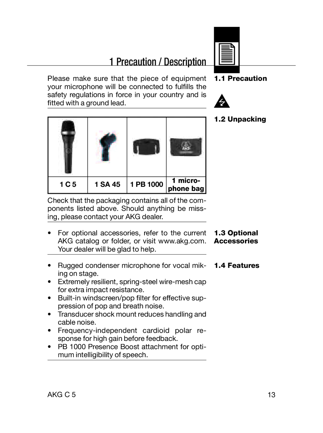 AKG Acoustics C5 manual SA 45 1 PB, Precaution Unpacking Optional Accessories Features 