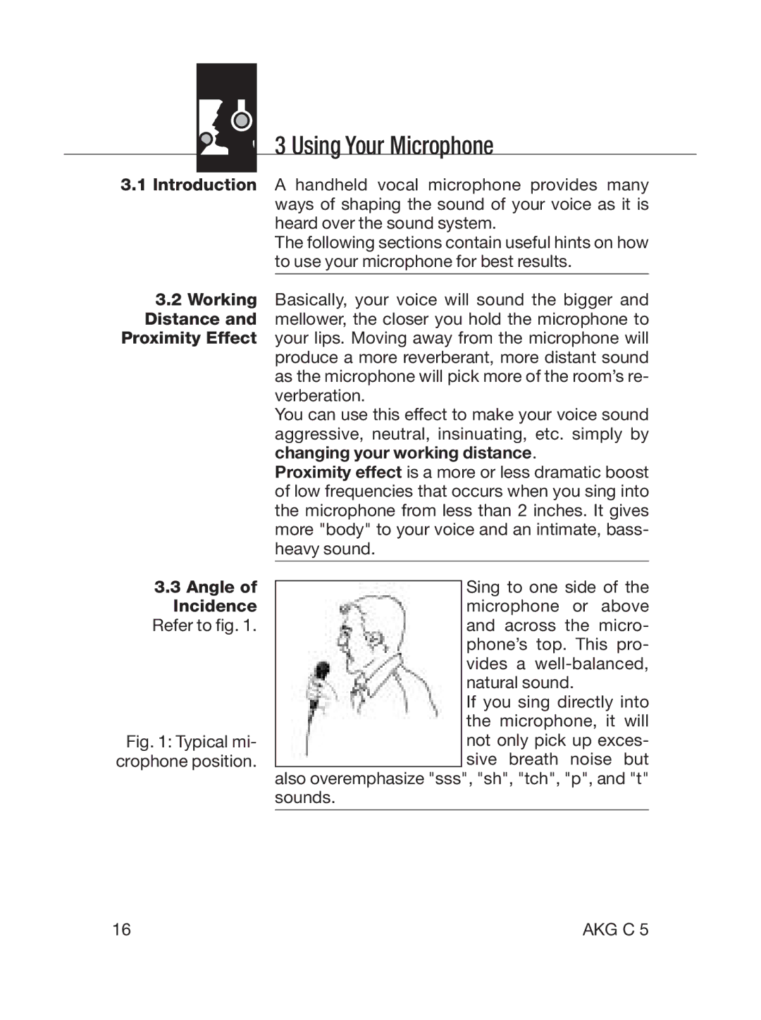 AKG Acoustics C5 manual Using Your Microphone, Angle of Incidence 