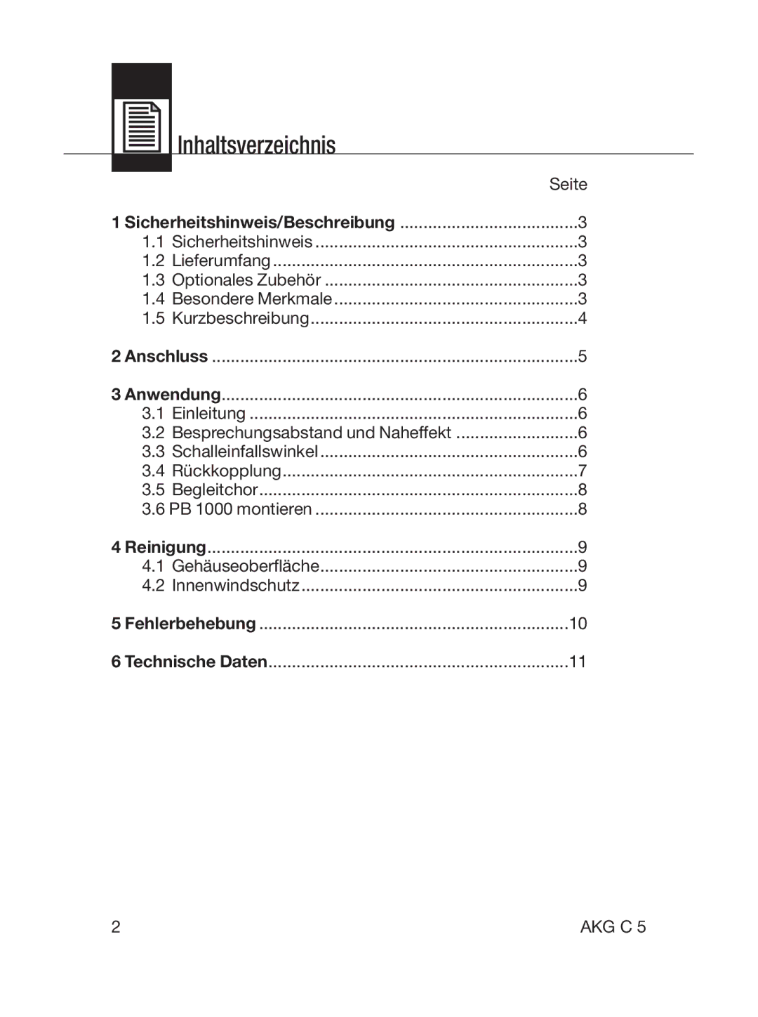 AKG Acoustics C5 manual Inhaltsverzeichnis, Seite 