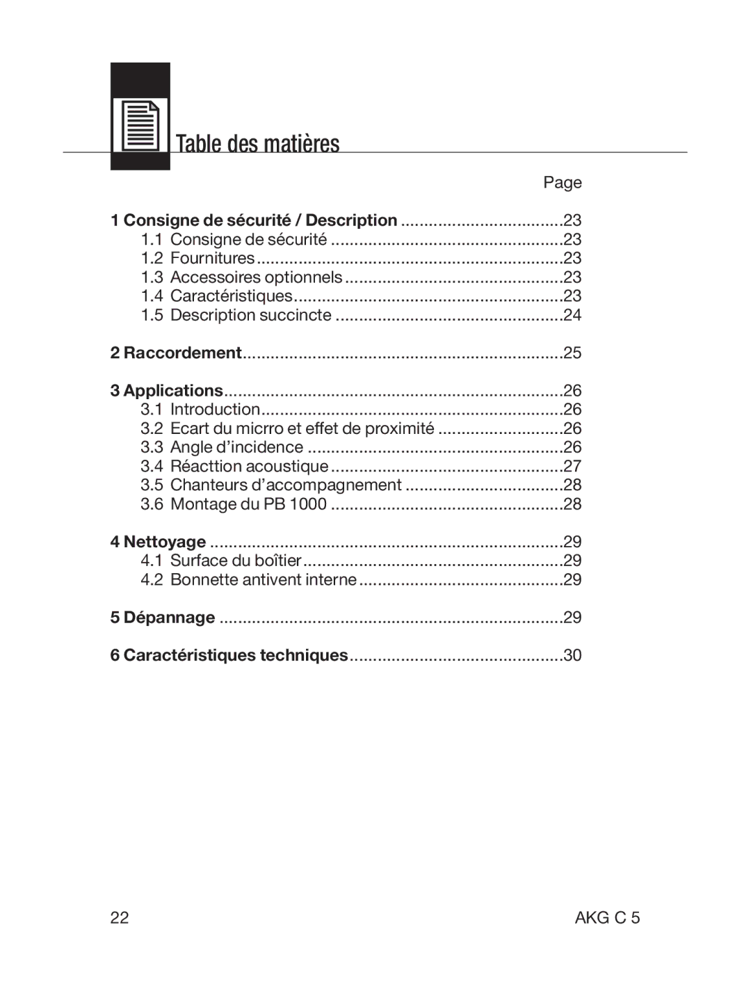 AKG Acoustics C5 manual Table des matières, Consigne de sécurité / Description 