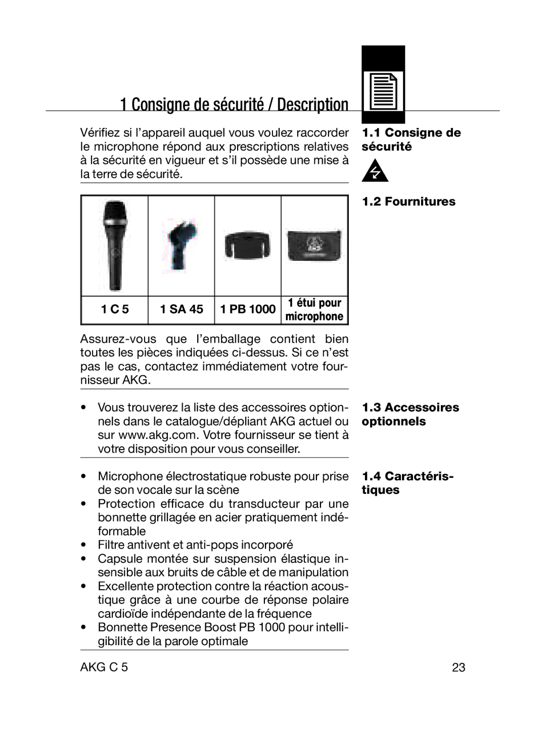 AKG Acoustics C5 manual Fournitures, Optionnels, Caractéris, Tiques 