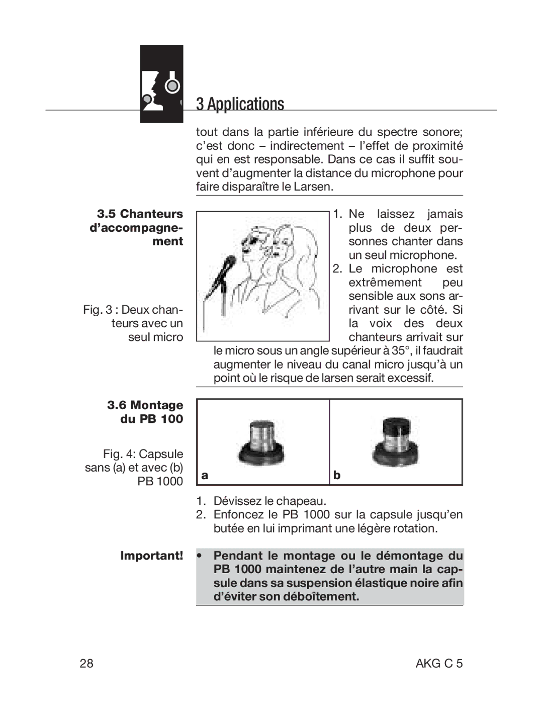 AKG Acoustics C5 manual 5Chanteurs d’accompagne- ment, Montage du PB 