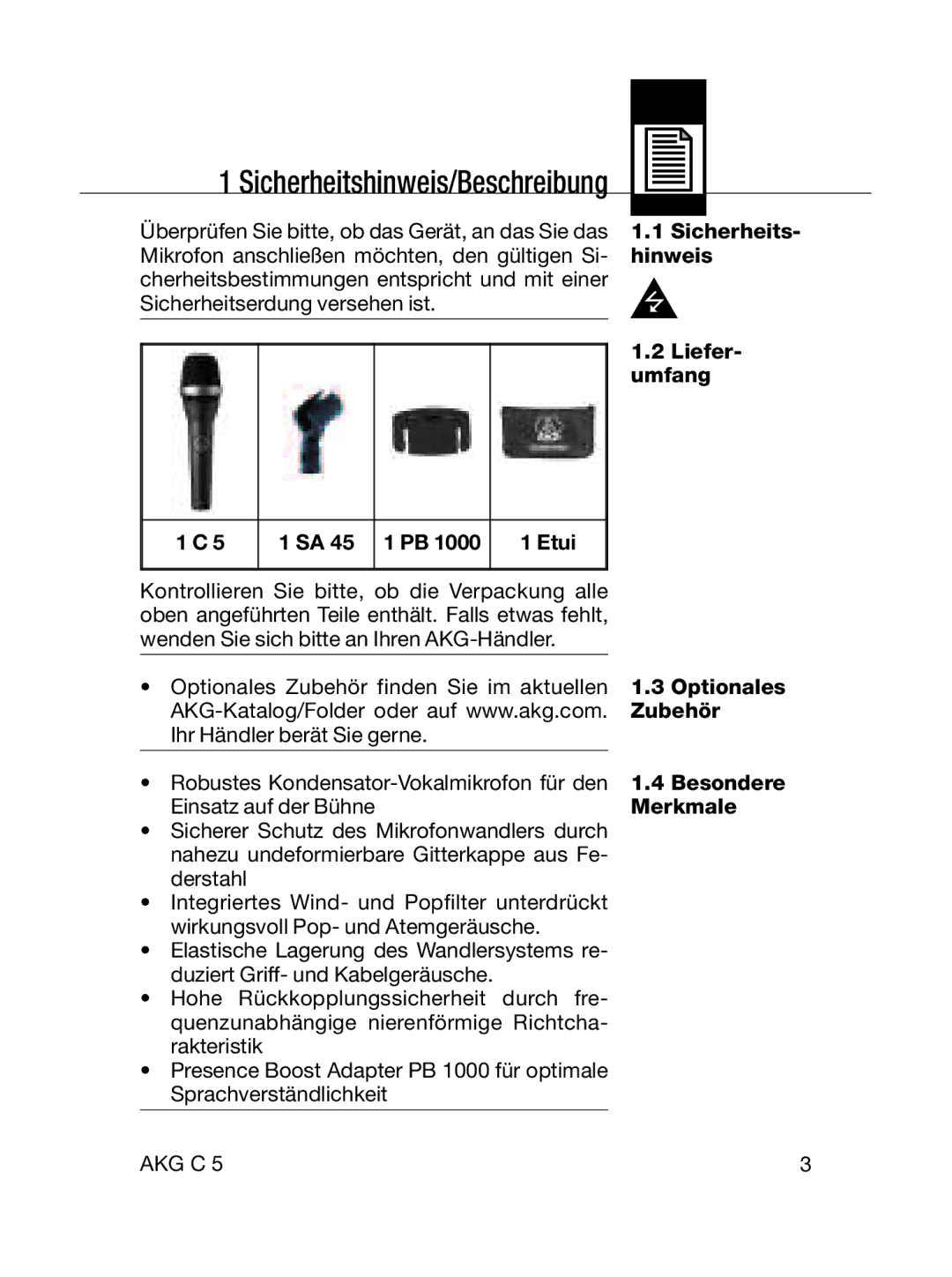 AKG Acoustics C5 manual Sicherheitshinweis/Beschreibung 