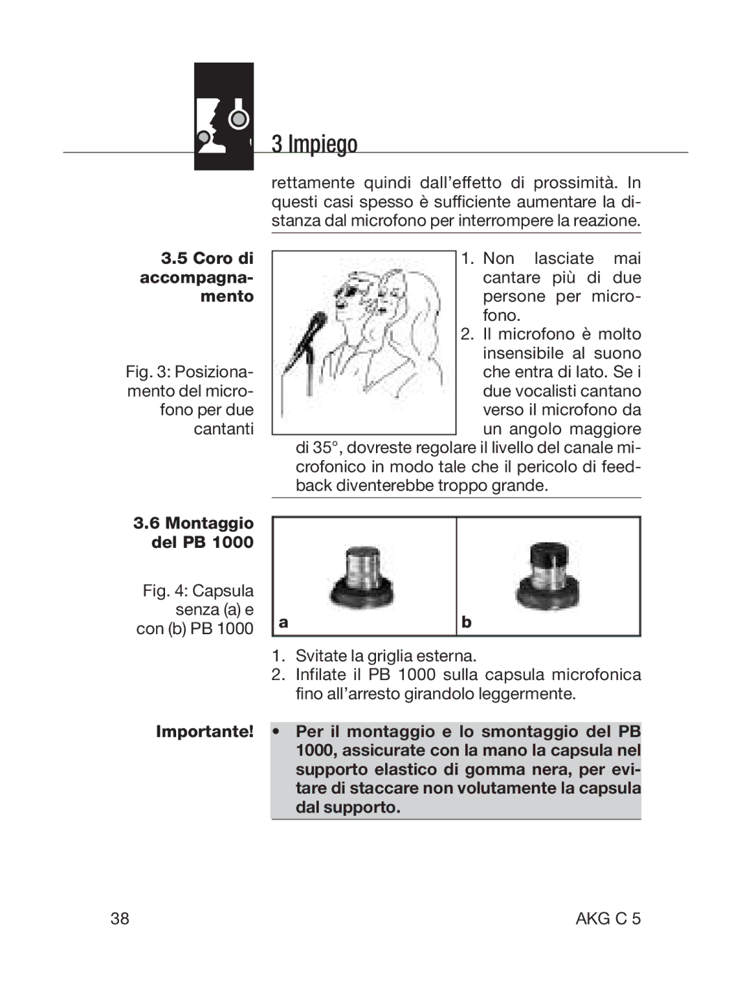 AKG Acoustics C5 manual 5Coro di accompagna- mento, Posiziona- mento del micro- fono per due cantanti 