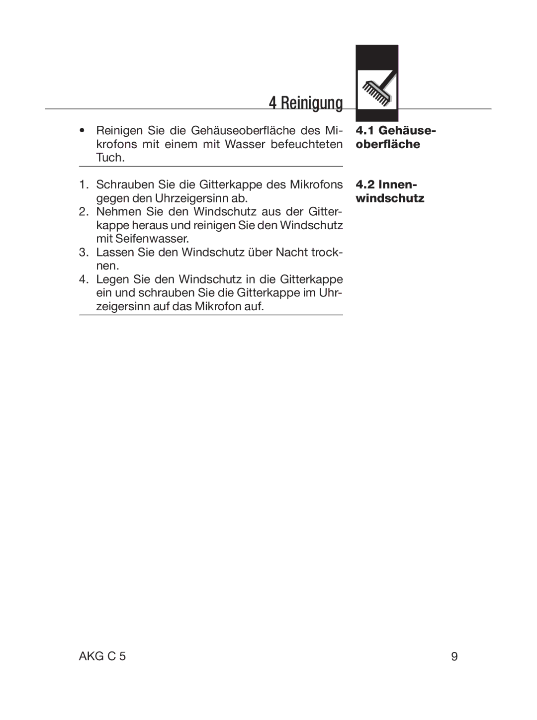 AKG Acoustics C5 manual Reinigung, Gehäuse Oberfläche Innen- windschutz 