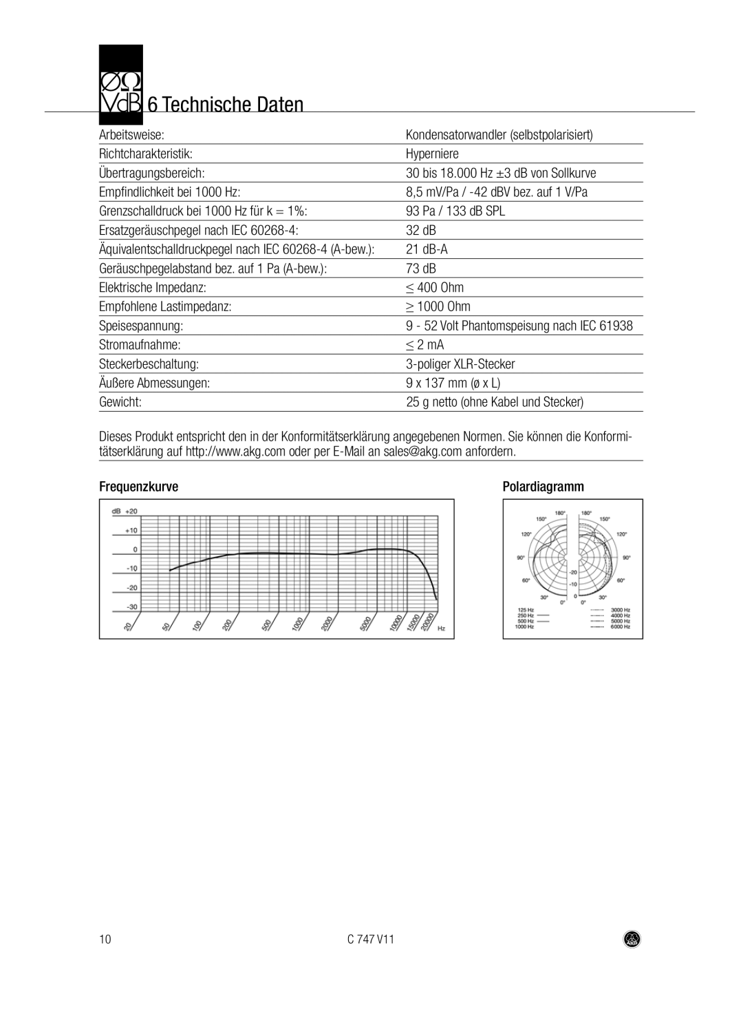 AKG Acoustics C747 V11 manual Technische Daten, Arbeitsweise, Db-A 