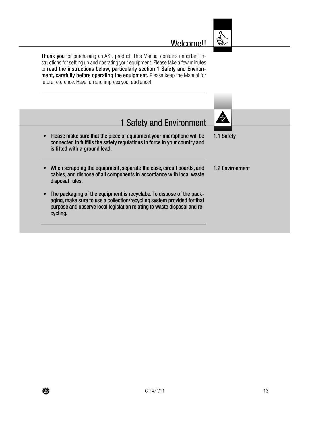 AKG Acoustics C747 V11 manual Welcome, Safety and Environment 