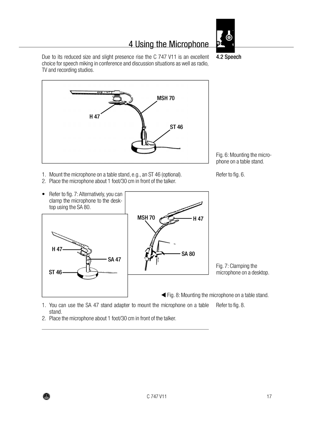 AKG Acoustics C747 V11 manual MSH Speech, Refer to fig MSH, Stand 