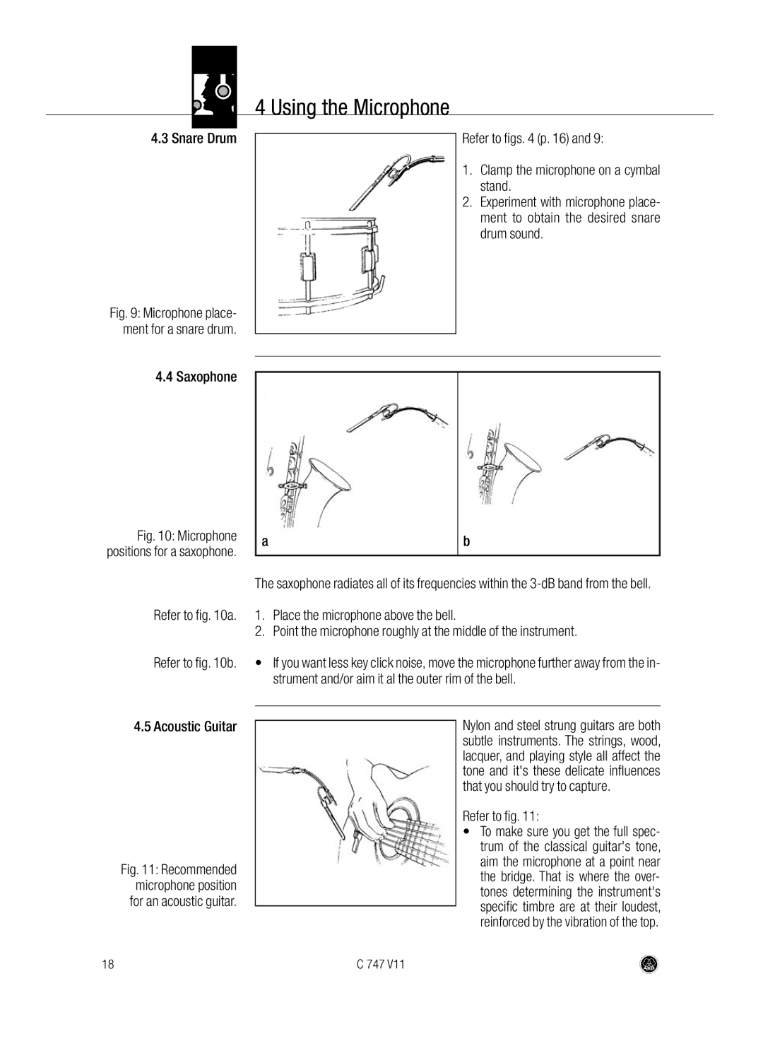 AKG Acoustics C747 V11 manual Refer to fig, Microphone place- ment for a snare drum 