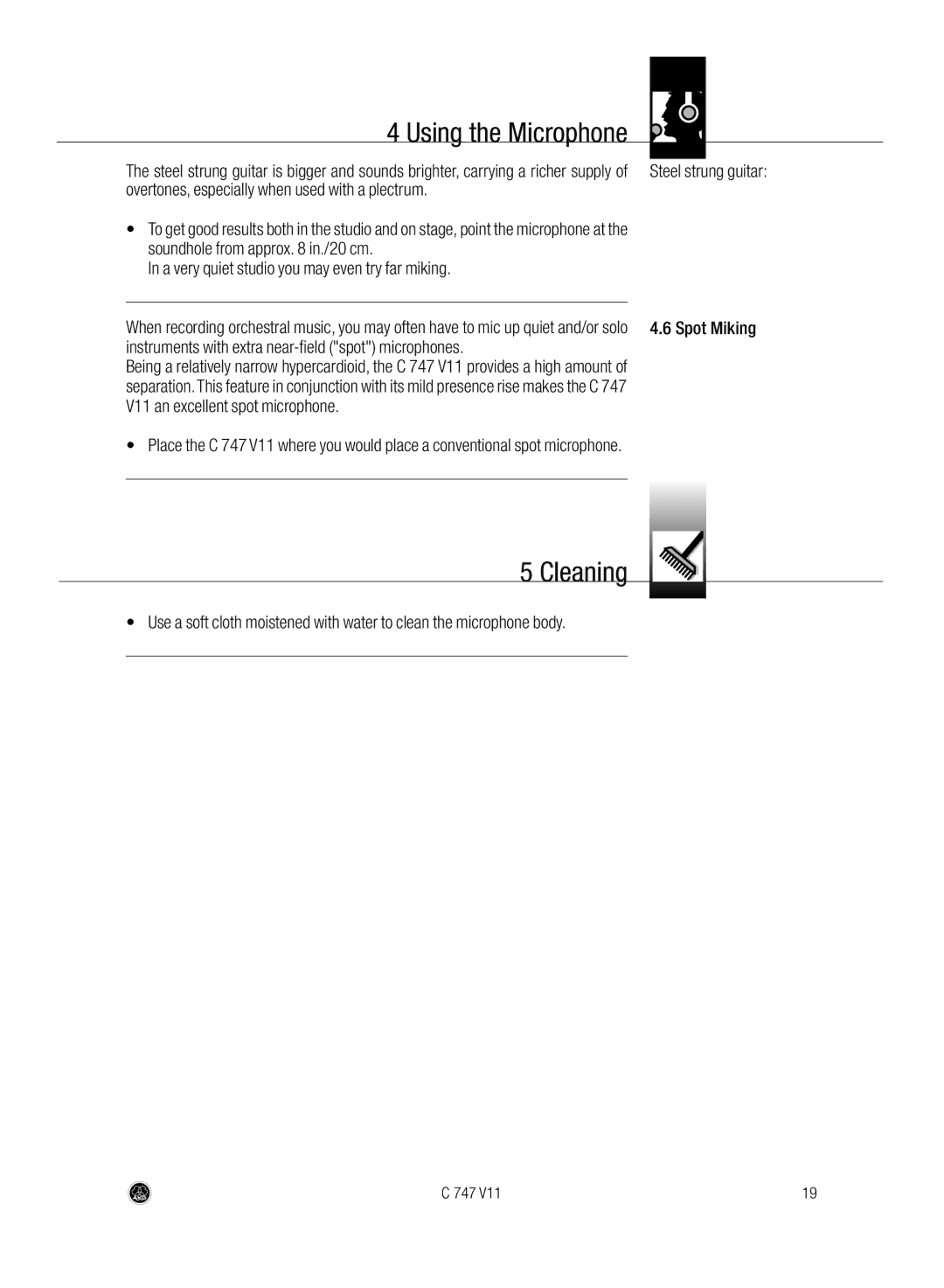 AKG Acoustics C747 V11 manual Cleaning 