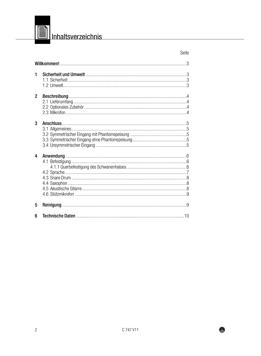 AKG Acoustics C747 V11 manual Inhaltsverzeichnis, Seite 