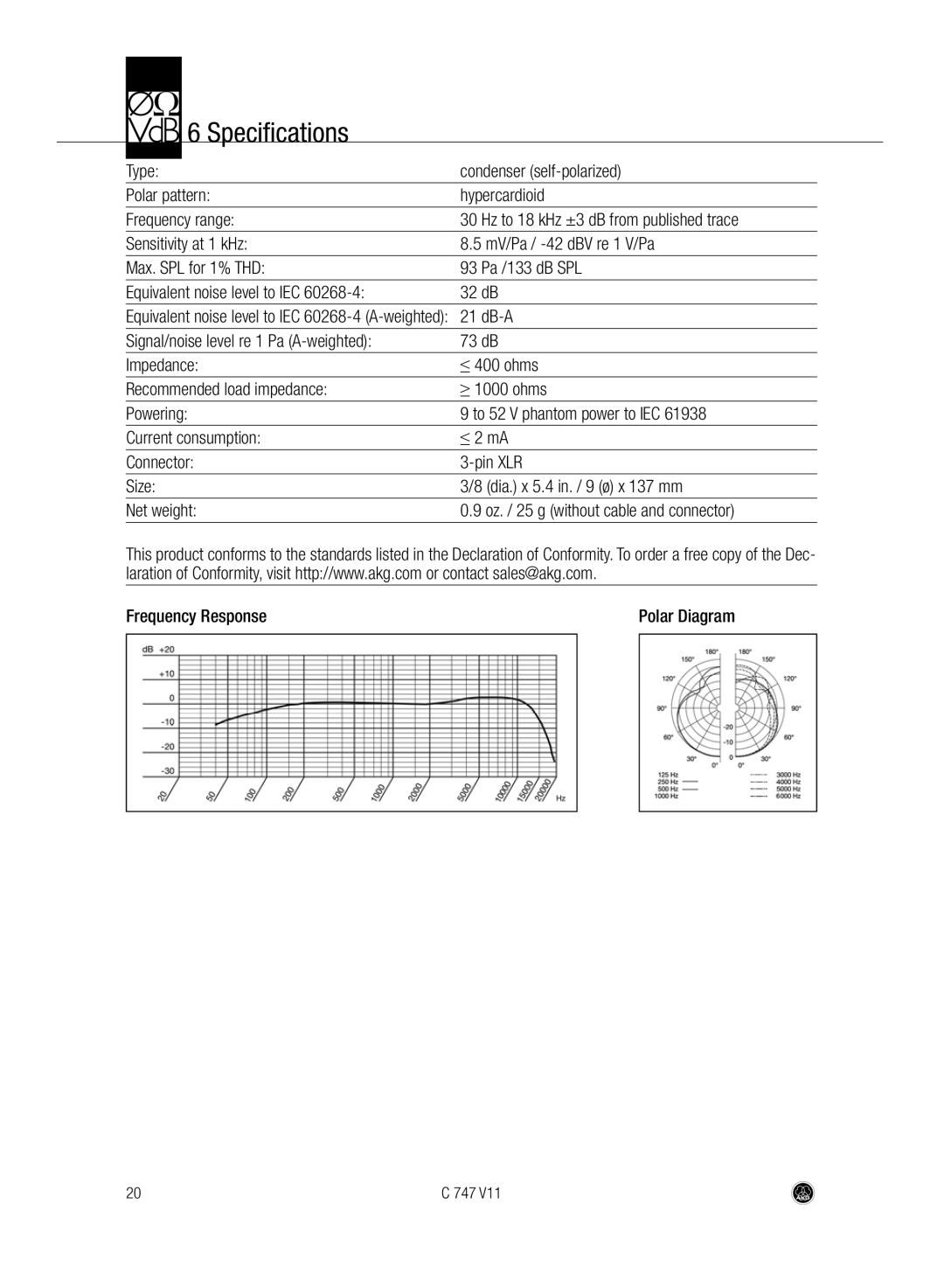 AKG Acoustics C747 V11 manual Specifications 