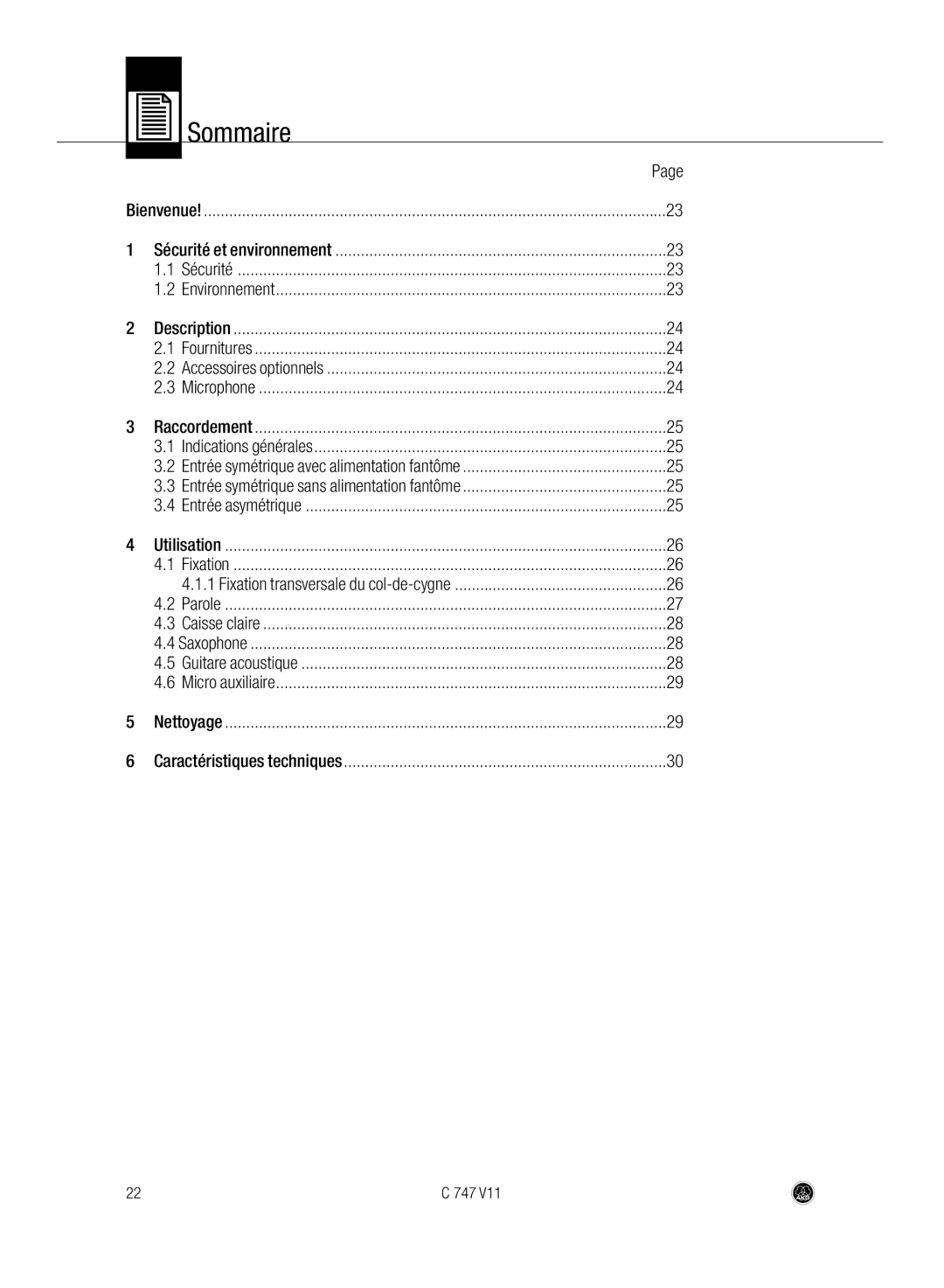 AKG Acoustics C747 V11 manual Sommaire 