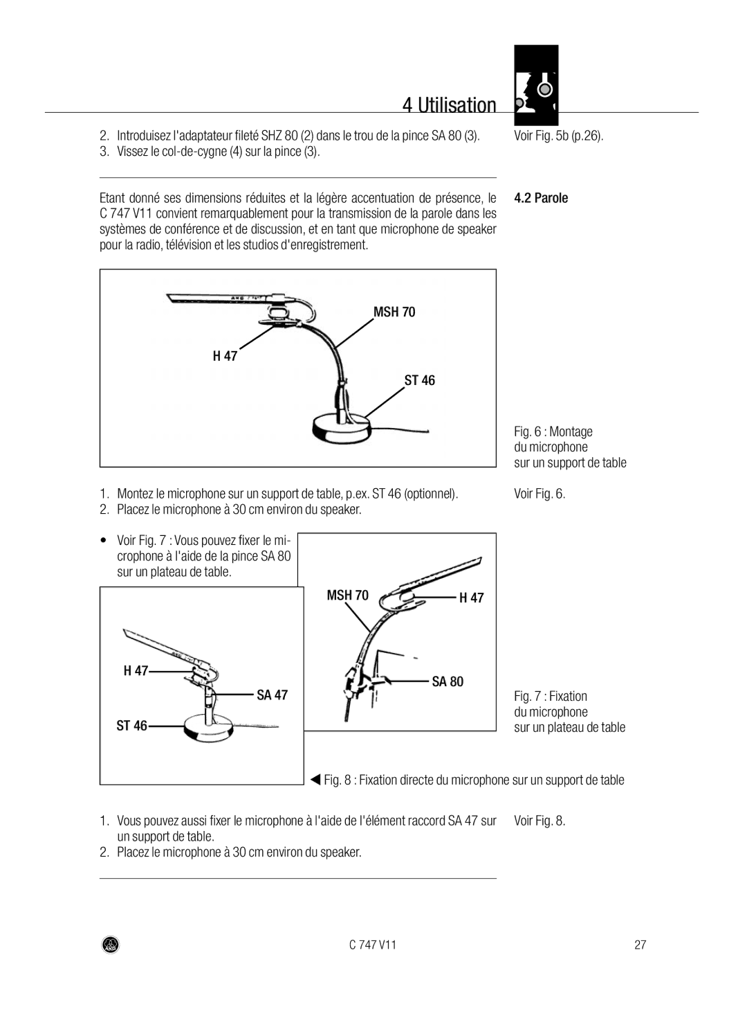AKG Acoustics C747 V11 manual Vissez le col-de-cygne 4 sur la pince, MSH Voir b p.26 Parole, Sur un support de table 