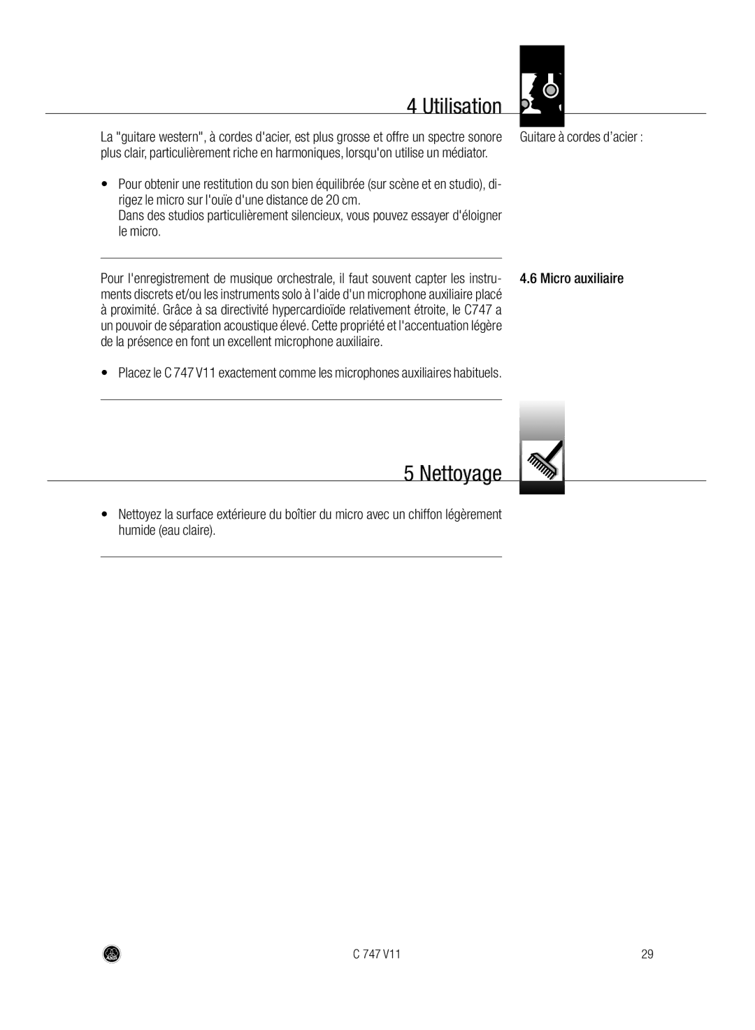 AKG Acoustics C747 V11 manual Nettoyage, Guitare à cordes d’acier, Rigez le micro sur louïe dune distance de 20 cm 