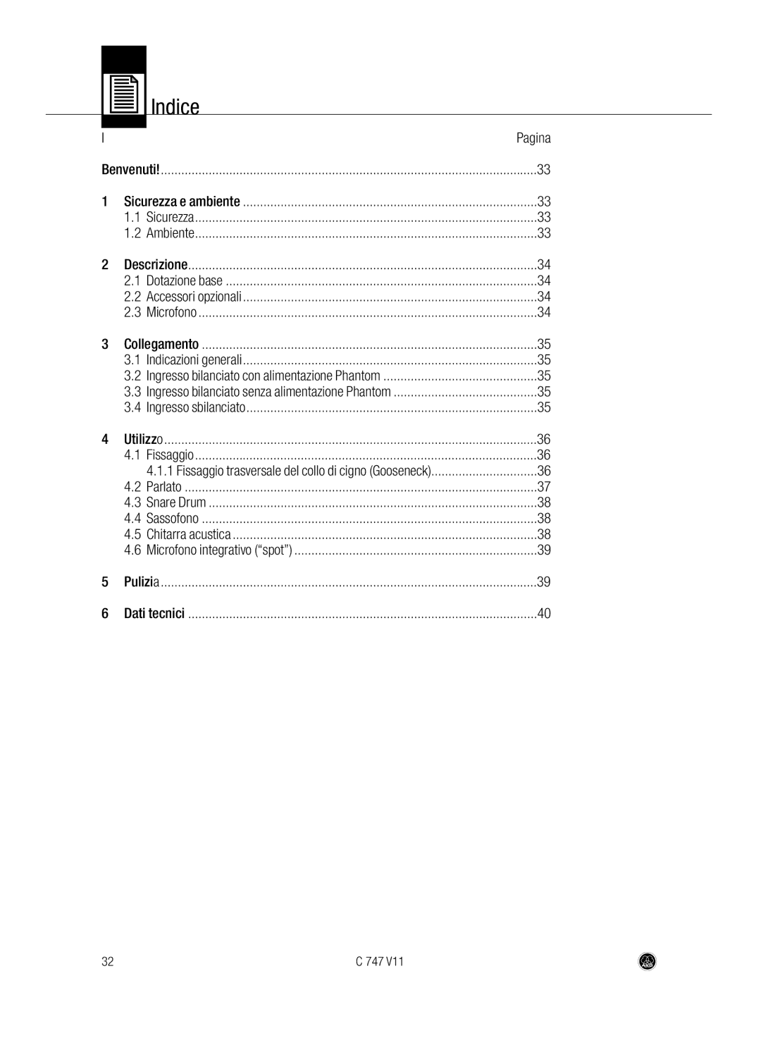 AKG Acoustics C747 V11 manual Indice, Pagina 