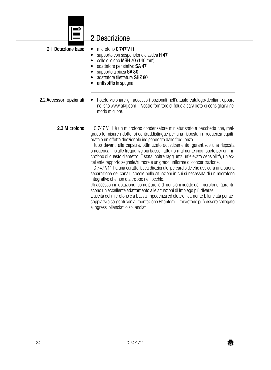 AKG Acoustics C747 V11 manual Descrizione 