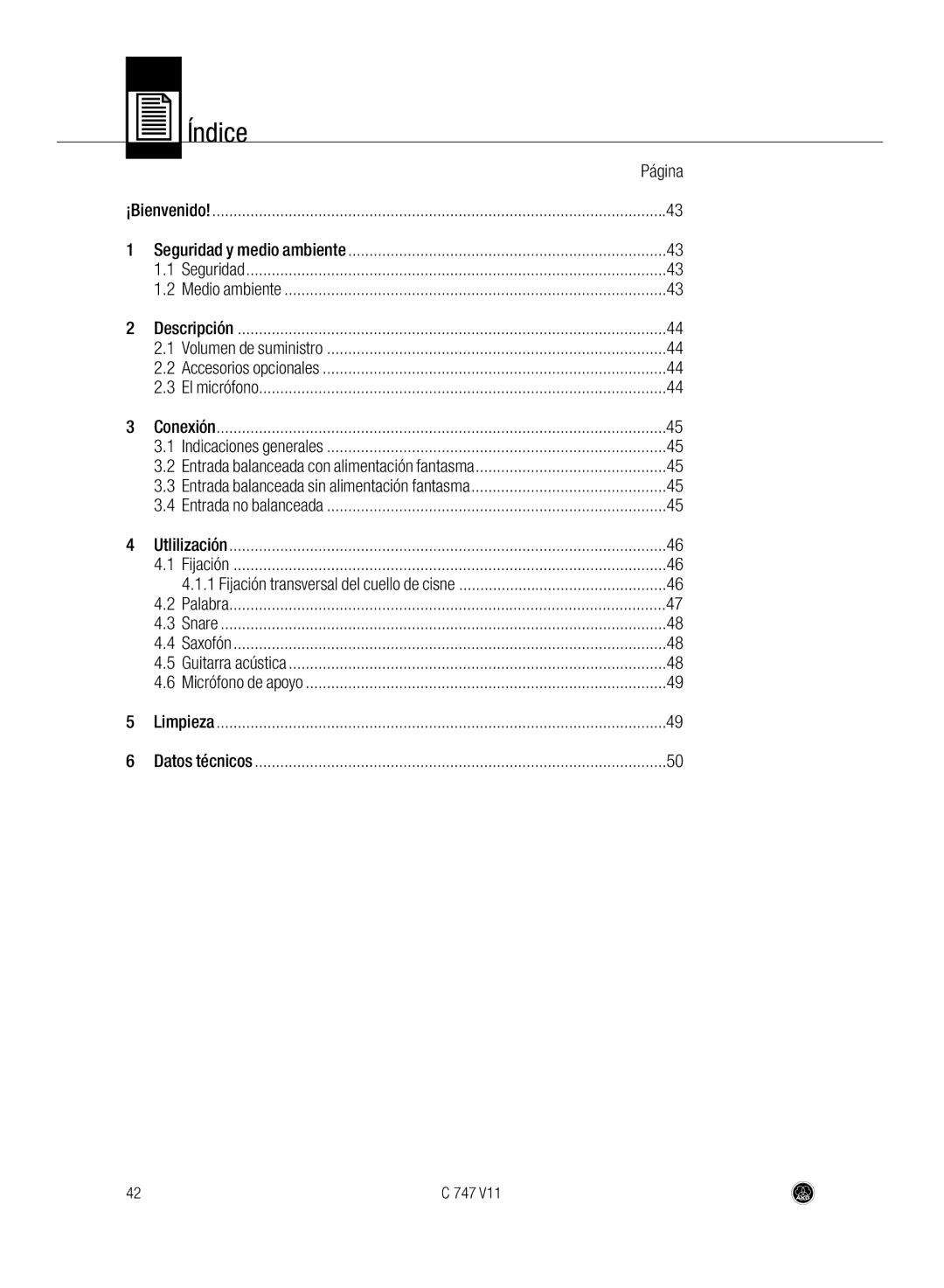 AKG Acoustics C747 V11 manual Índice, Página 