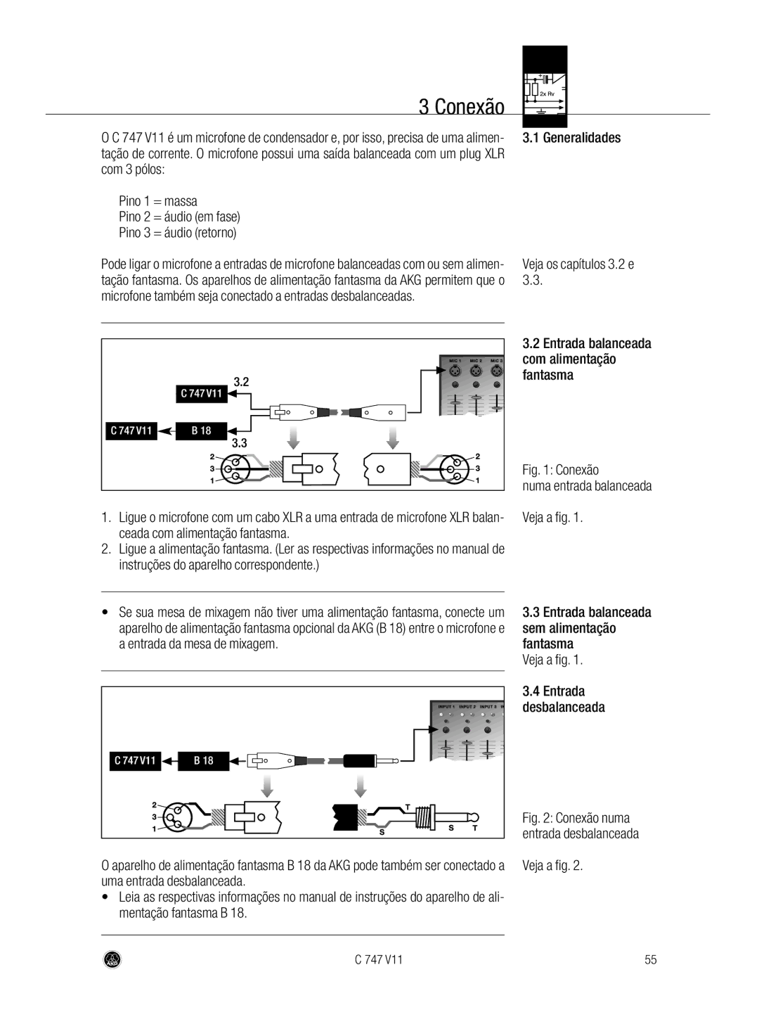 AKG Acoustics C747 V11 manual Conexão 