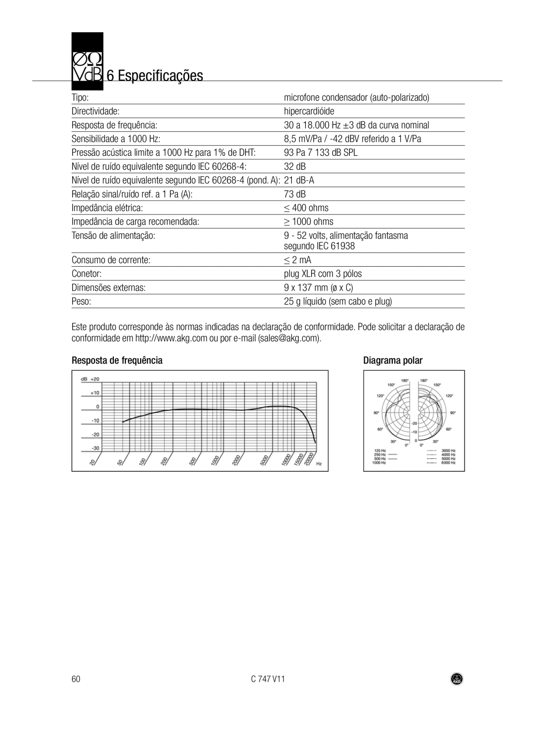 AKG Acoustics C747 V11 manual Especificações, Tipo, 93 Pa 7 133 dB SPL 