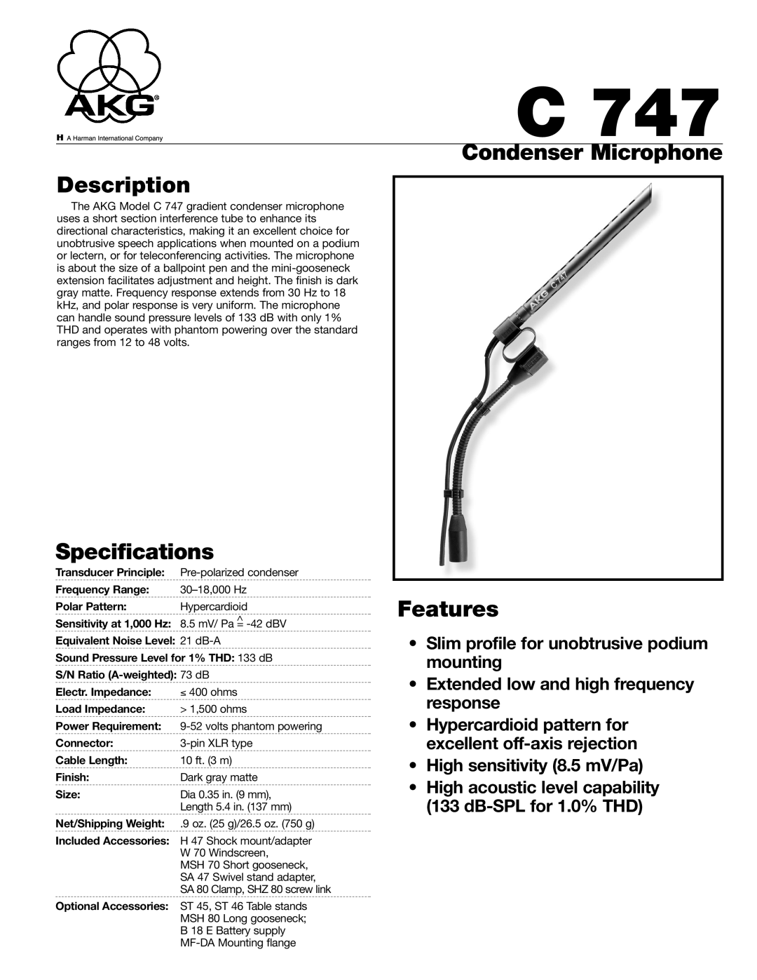 AKG Acoustics C747 specifications Condenser Microphone Description, Specifications, Features 