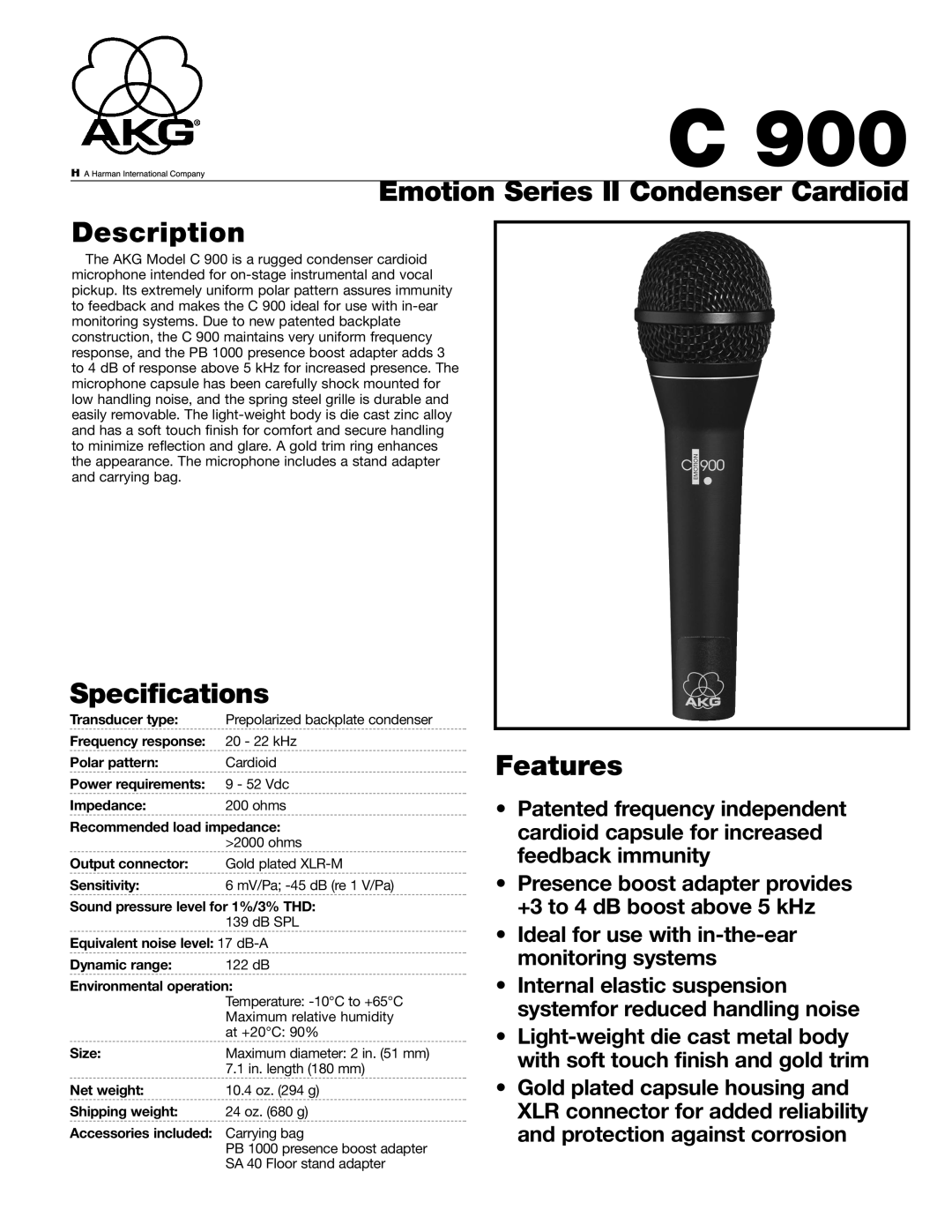 AKG Acoustics C900 specifications Emotion Series II Condenser Cardioid Description, Specifications, Features 