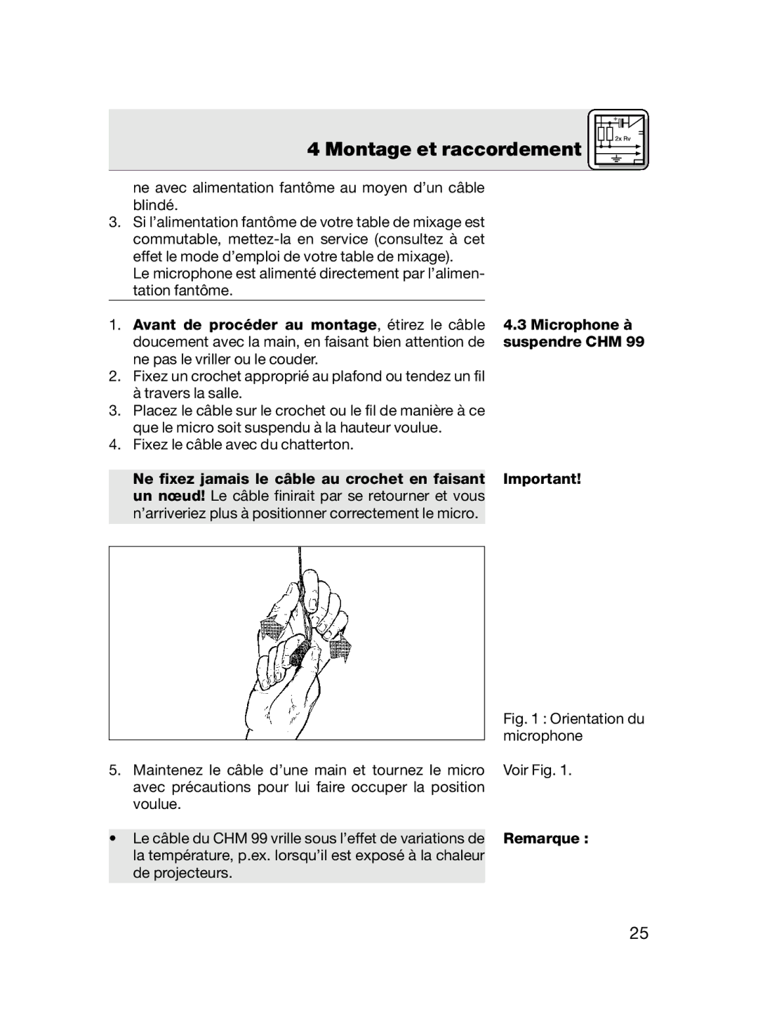 AKG Acoustics CGN 99 H/L, CGN 99 C/L, CGN 99 C/S Avant de procéder au montage, étirez le câble Microphone à, Suspendre CHM 