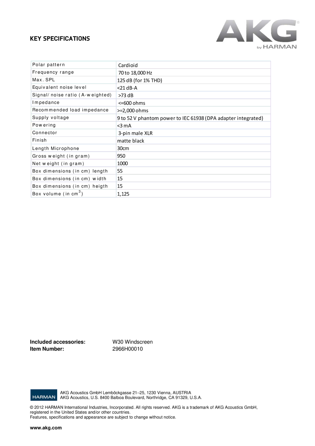 AKG Acoustics CGN321 STS manual KEY Specifications 