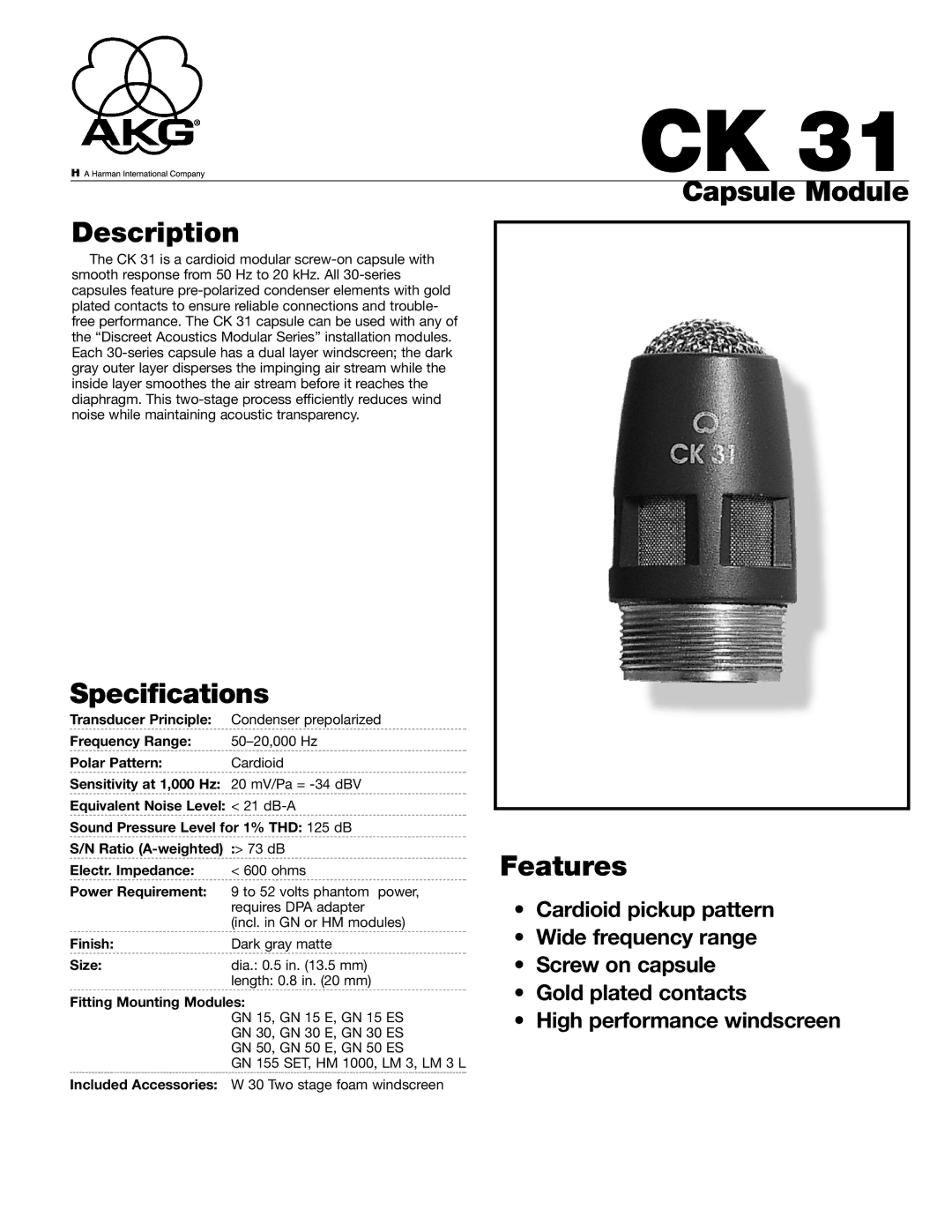 AKG Acoustics CK 31 specifications Capsule Module Description, Specifications, Features 