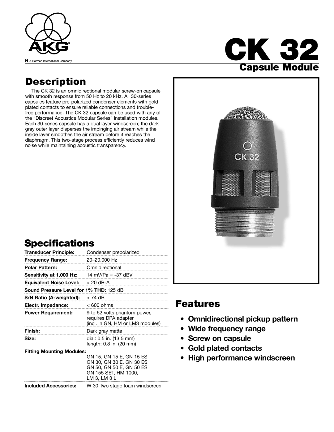 AKG Acoustics CK 32 specifications Capsule Module Description, Specifications, Features 