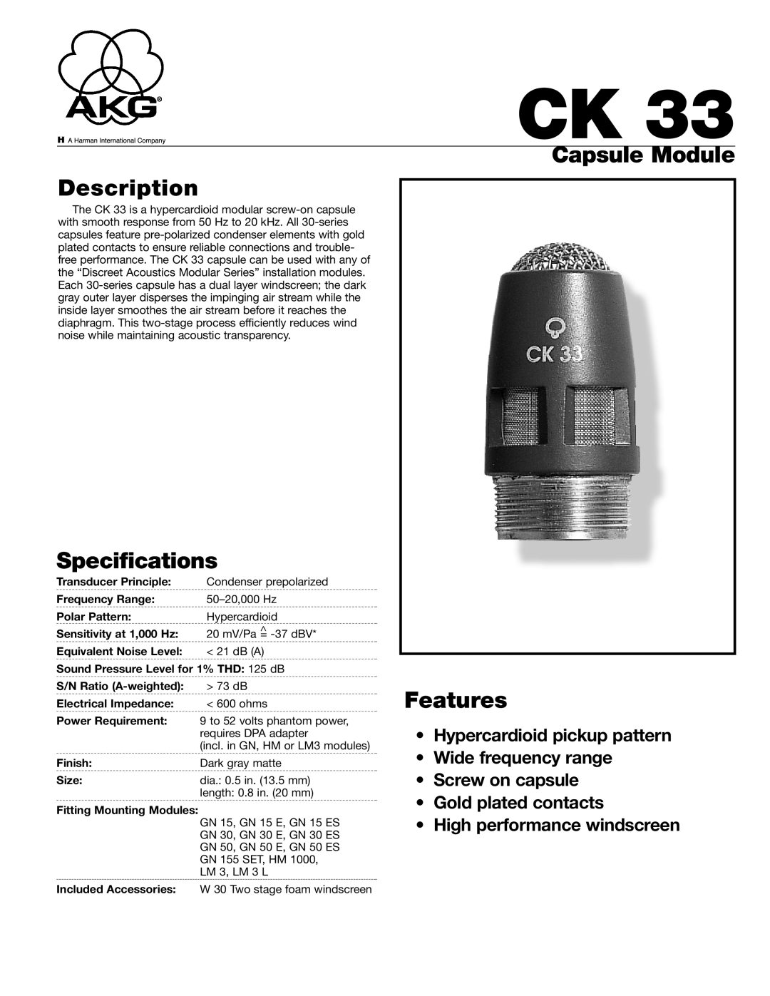 AKG Acoustics CK33 specifications Capsule Module Description, Specifications, Features 