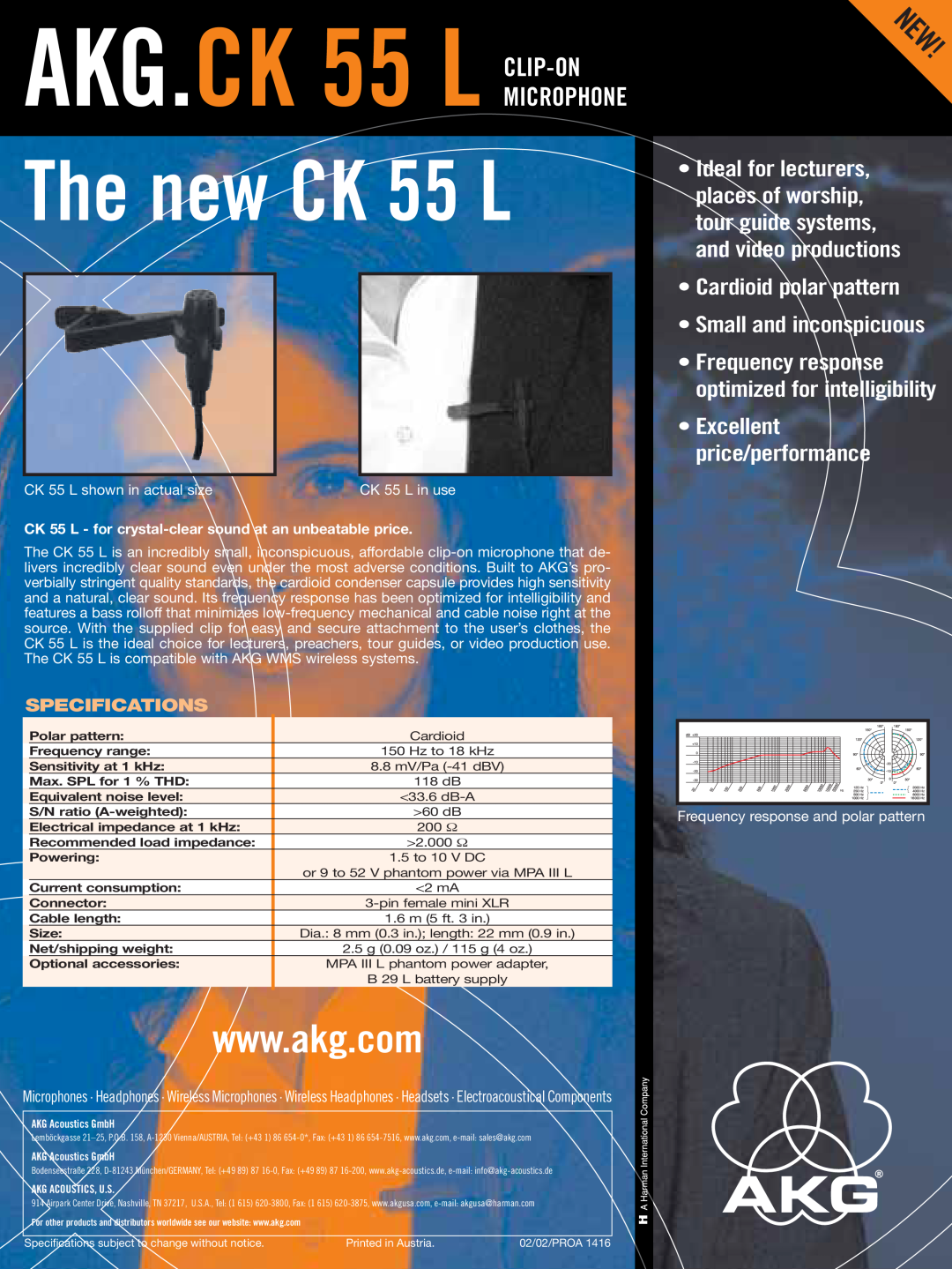 AKG Acoustics CK55L AKG.CK 55 L CLIP-ON, The new CK 55 L, Microphone, Cardioid polar pattern, Small and inconspicuous 