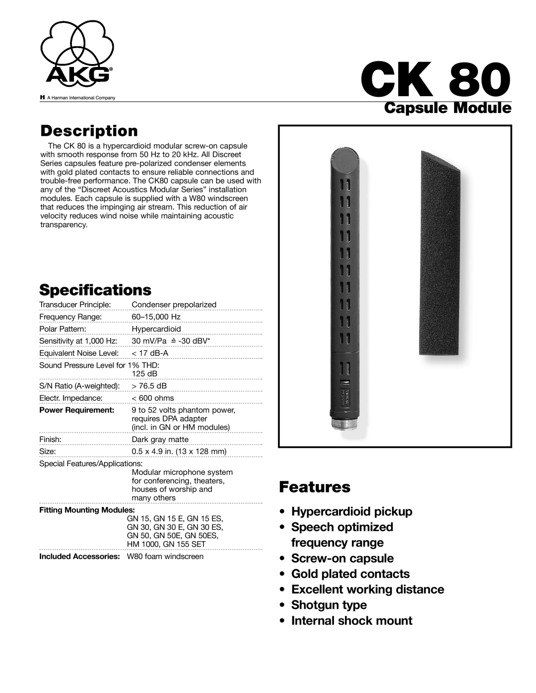 AKG Acoustics CK80 specifications Capsule Module Description, Specifications, Features, Power Requirement 